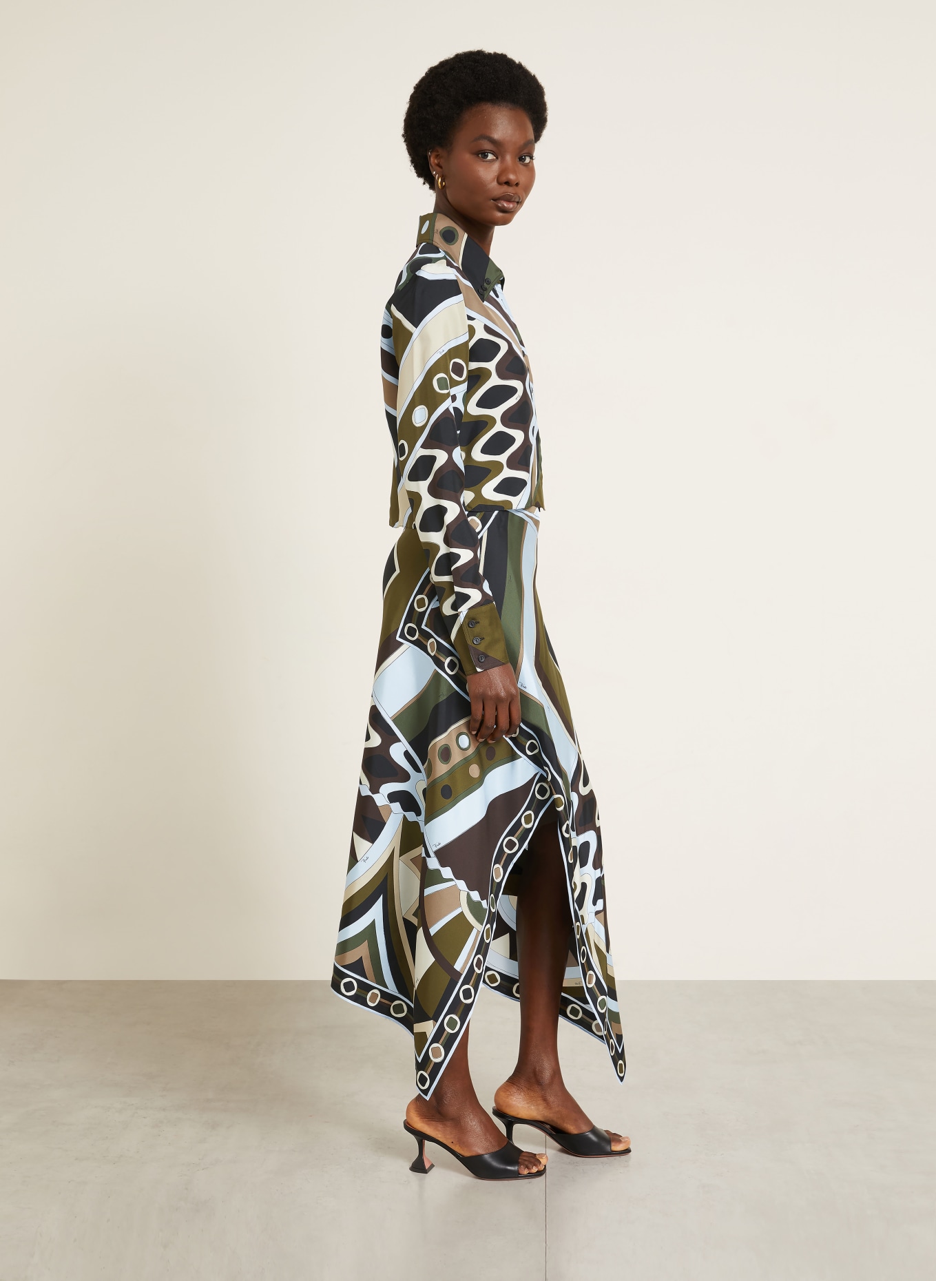 PUCCI silk skirt: KHAKI / DARK BROWN / LIGHT BLUE