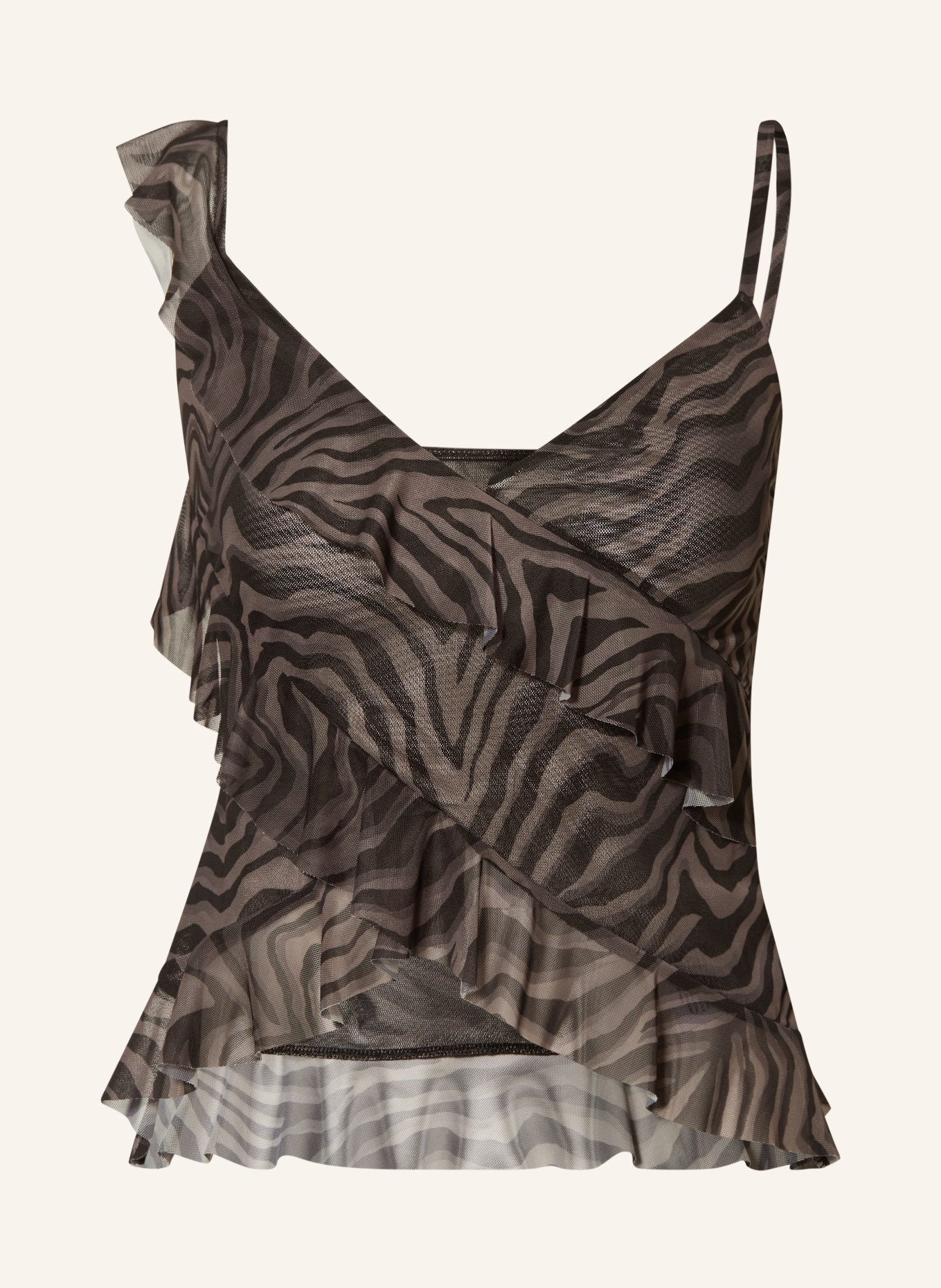 RIANI Mesh blouse top with ruffles: TAUPE / DARK GRAY / BLACK