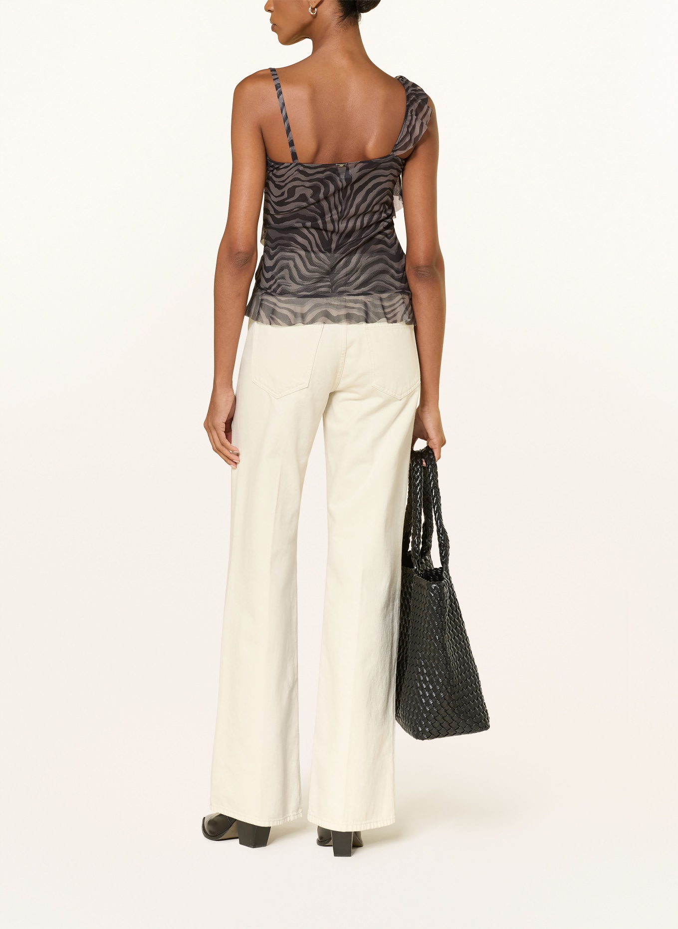 RIANI Mesh blouse top with ruffles: TAUPE / DARK GRAY / BLACK