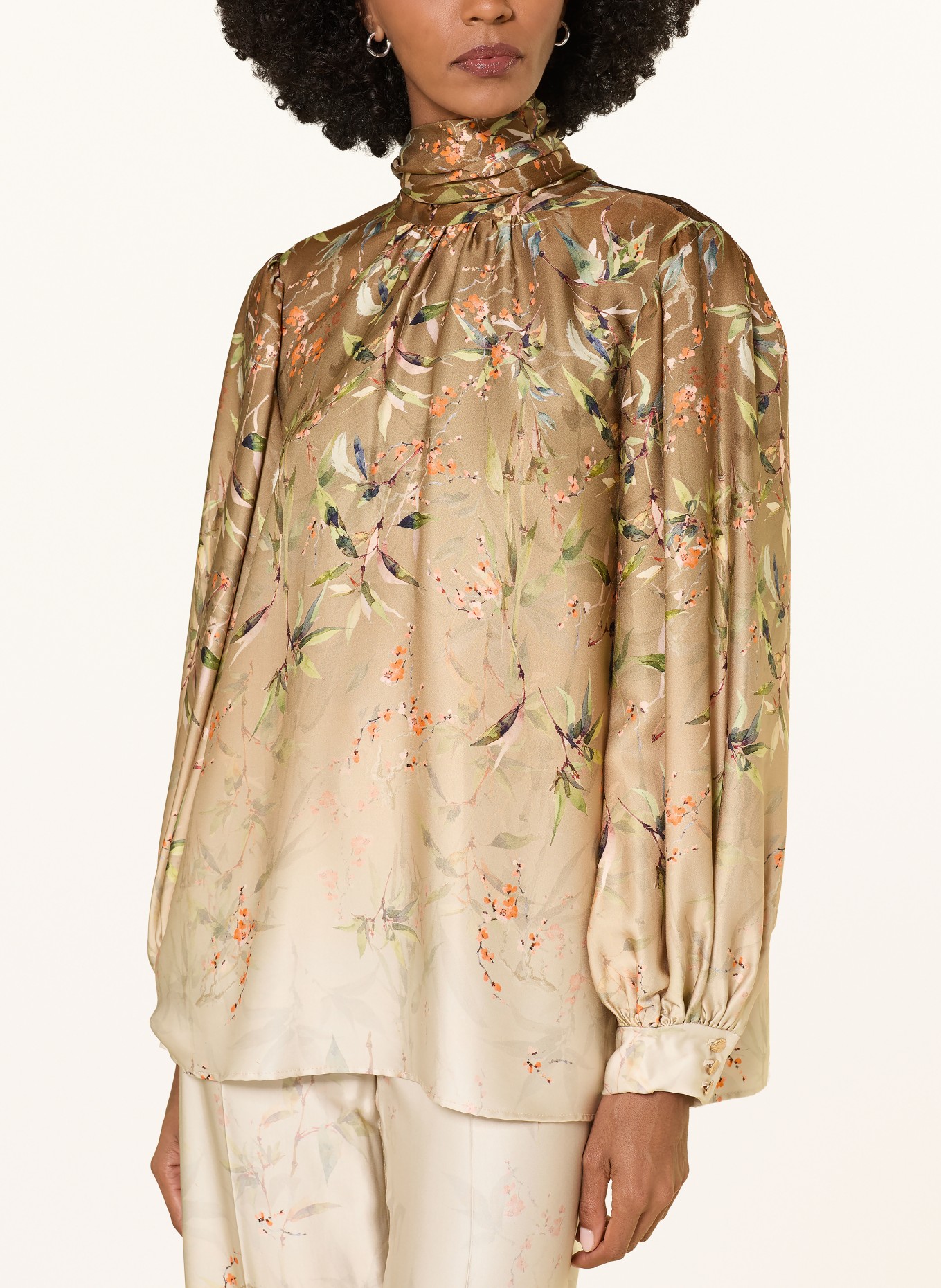 RIANI Satijnen blouse met strik: BRUIN / ORANJE / GROEN