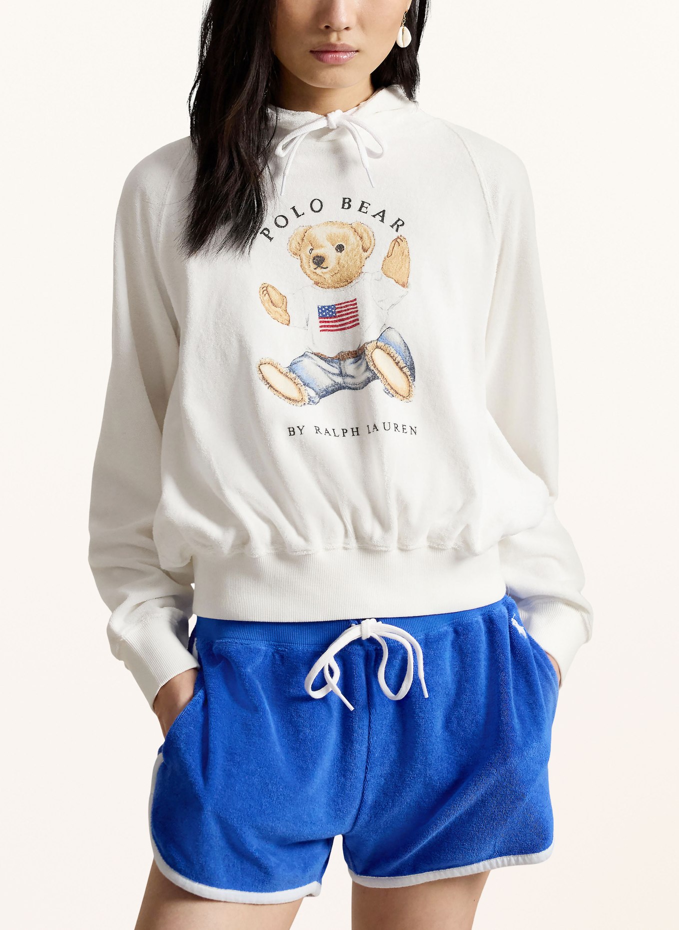 POLO RALPH LAUREN Mikina s kapucí z froté: BÍLÁ / SVĚTLE HNĚDÁ / ČERVENÁ