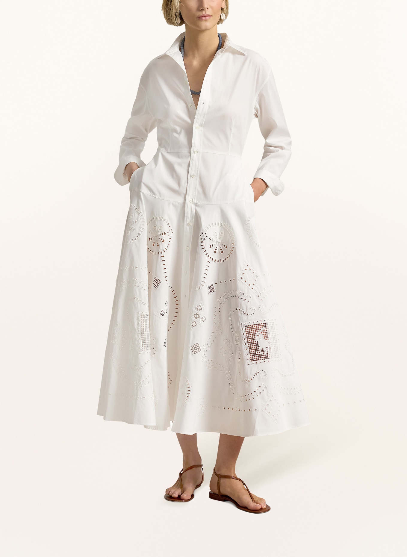 POLO RALPH LAUREN Hemdblusenkleid mit Lochspitze: WEISS