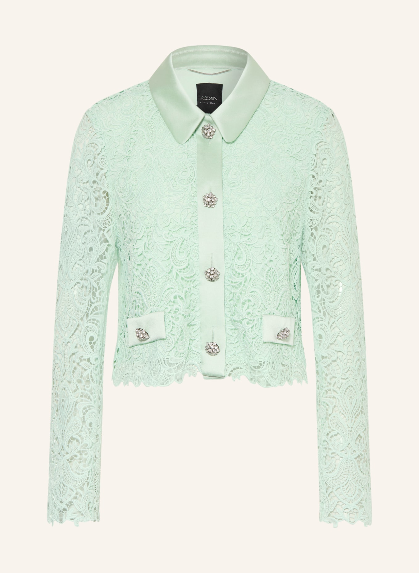 MARC CAIN Box-cut jacket made of eyelet lace with gemstones: 502 misty jade