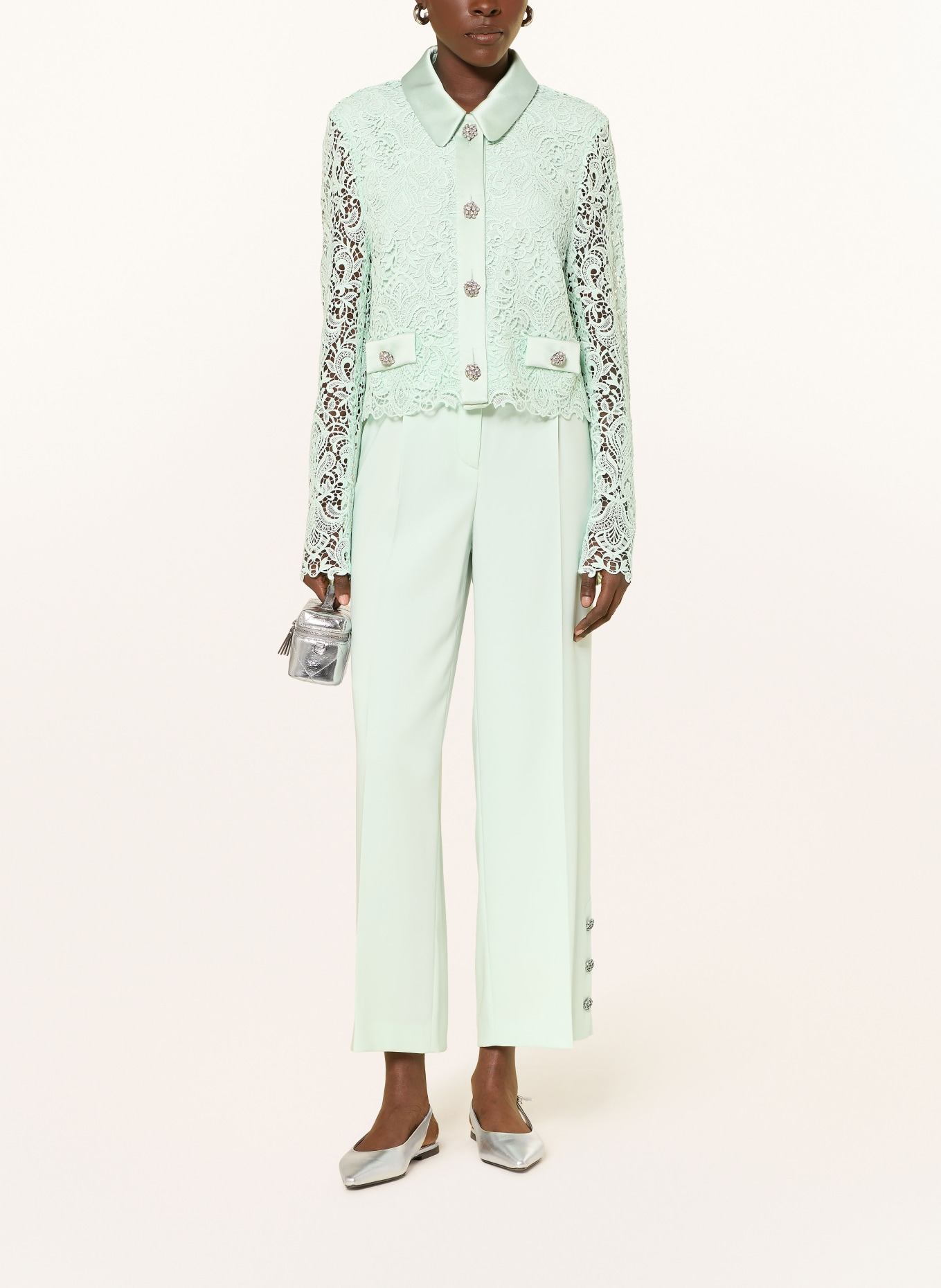 MARC CAIN Box-cut jacket made of eyelet lace with gemstones: 502 misty jade