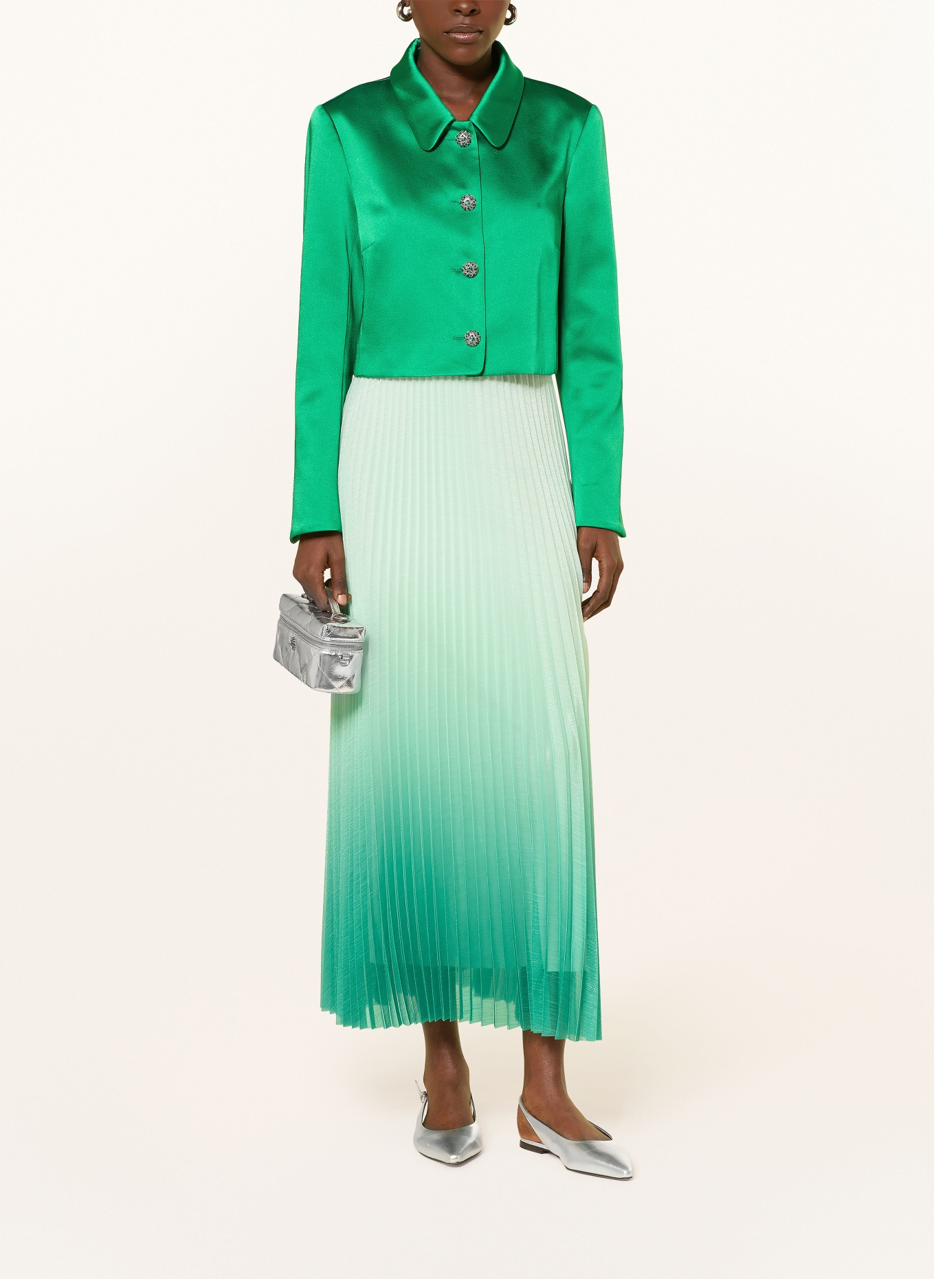 MARC CAIN Cropped satin jacket with rhinestones: 553 pepper green