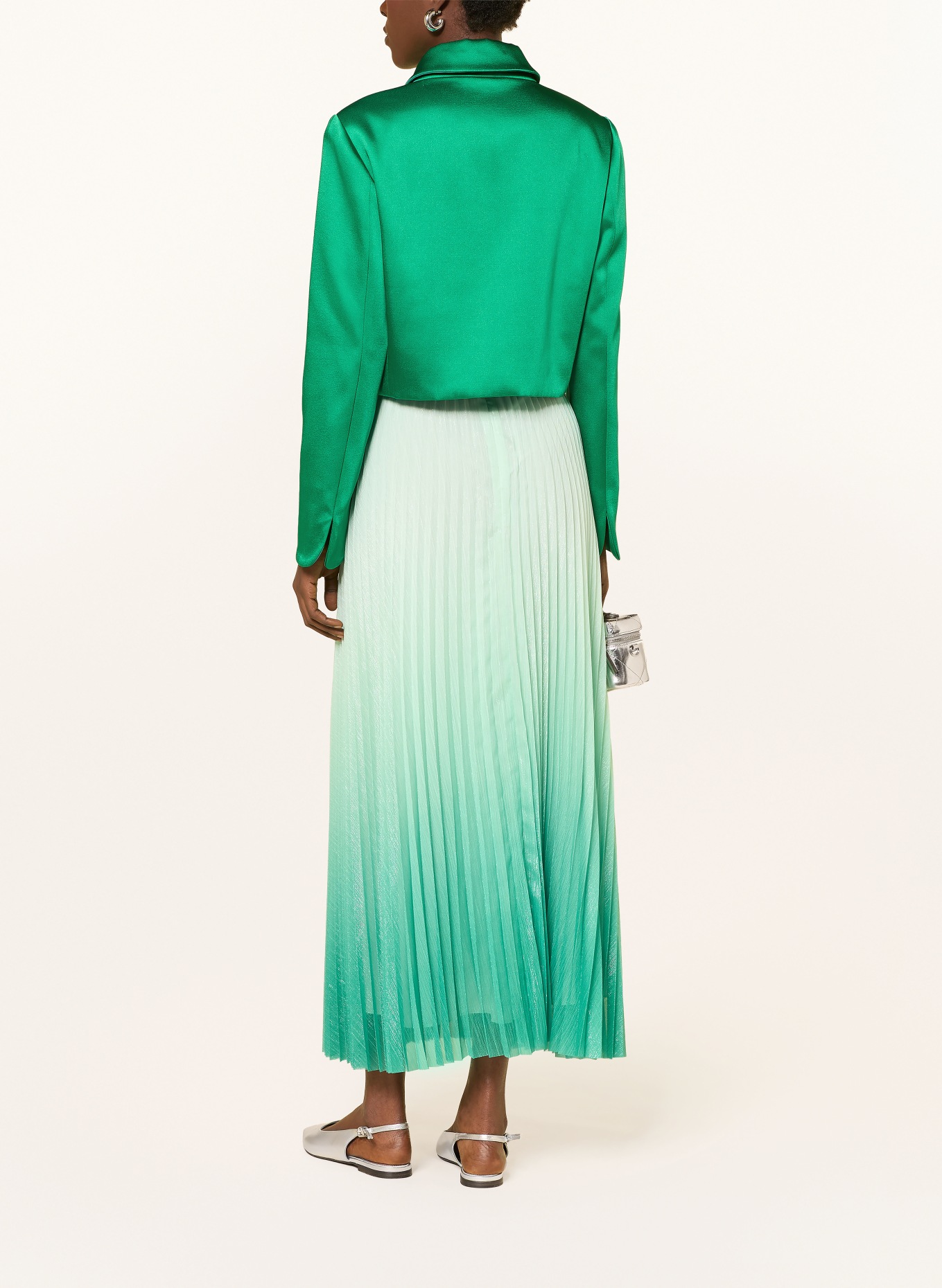 MARC CAIN Cropped satin jacket with rhinestones: 553 pepper green
