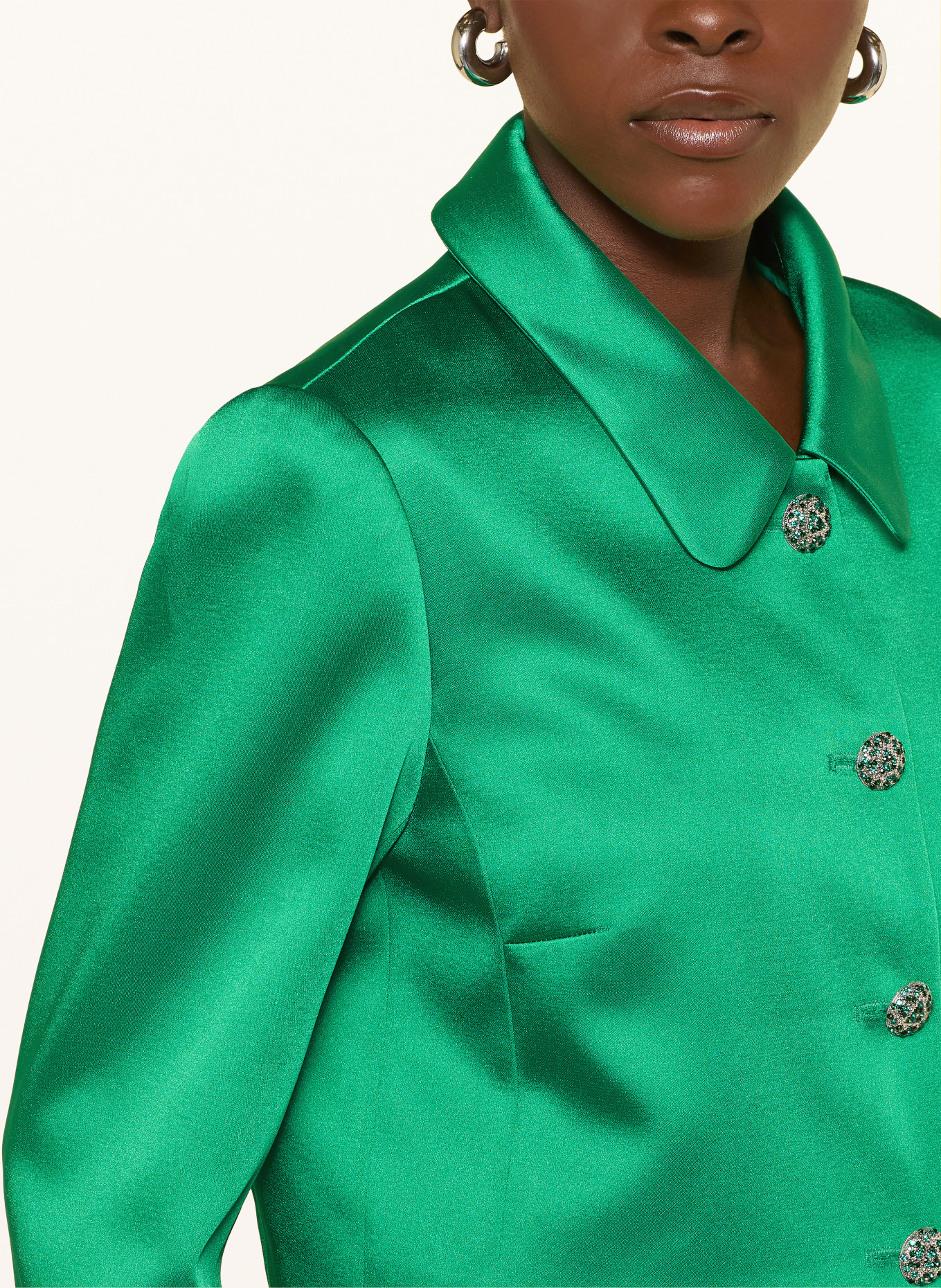 MARC CAIN Cropped satin jacket with rhinestones: 553 pepper green