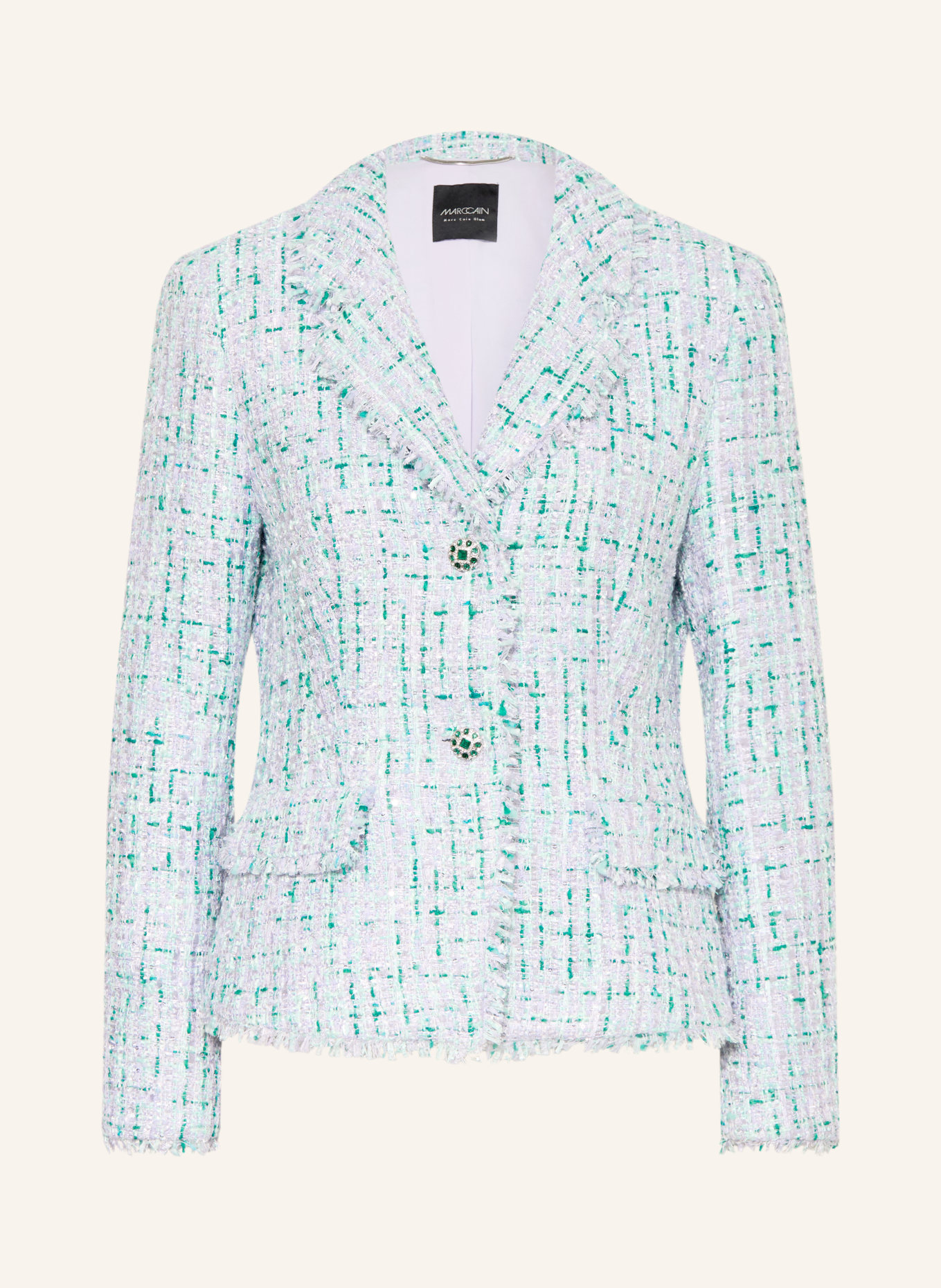 MARC CAIN Tweed blazer with sequins and rhinestones: 502 misty jade