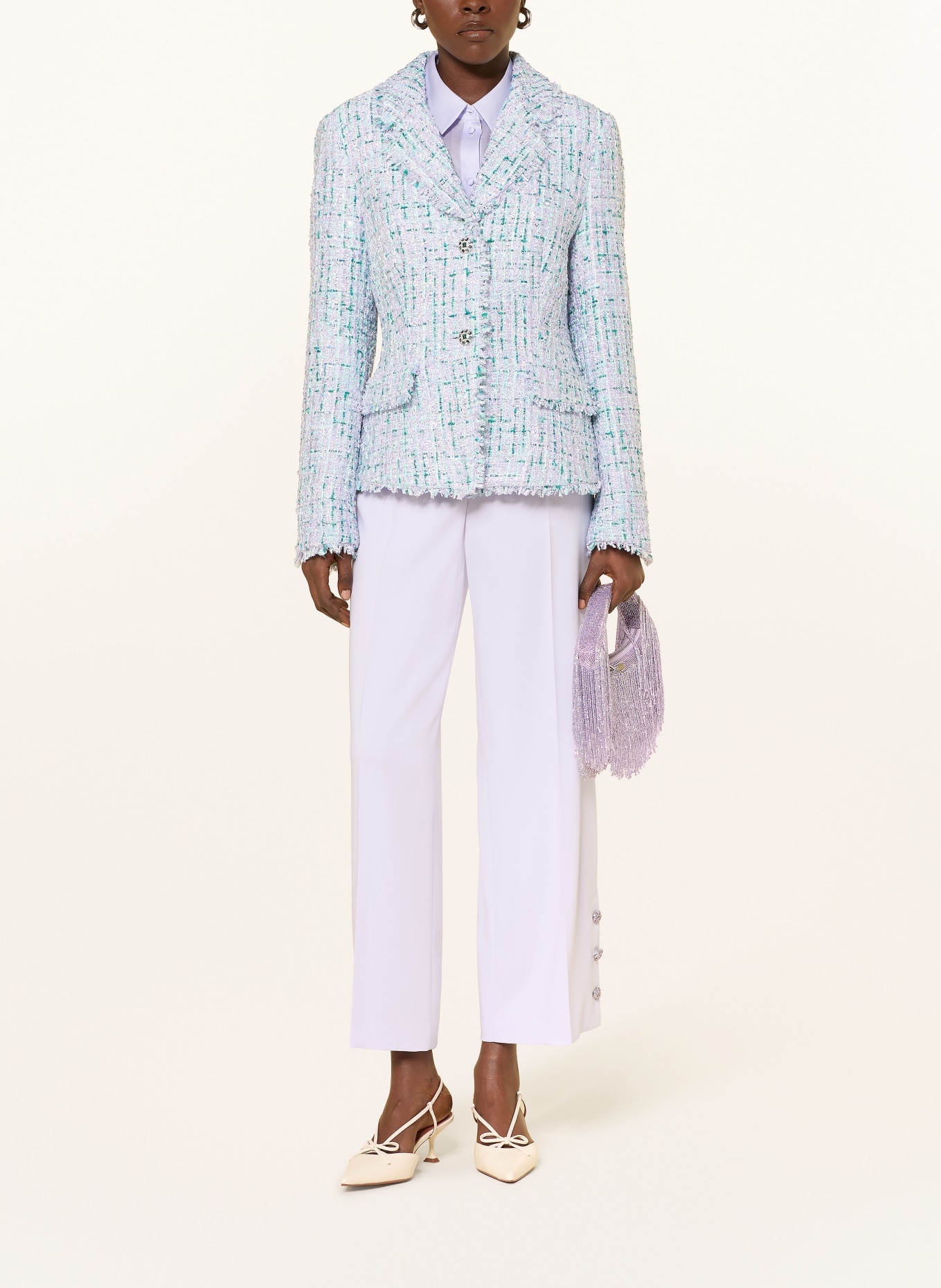 MARC CAIN Tweed blazer with sequins and rhinestones: 502 misty jade