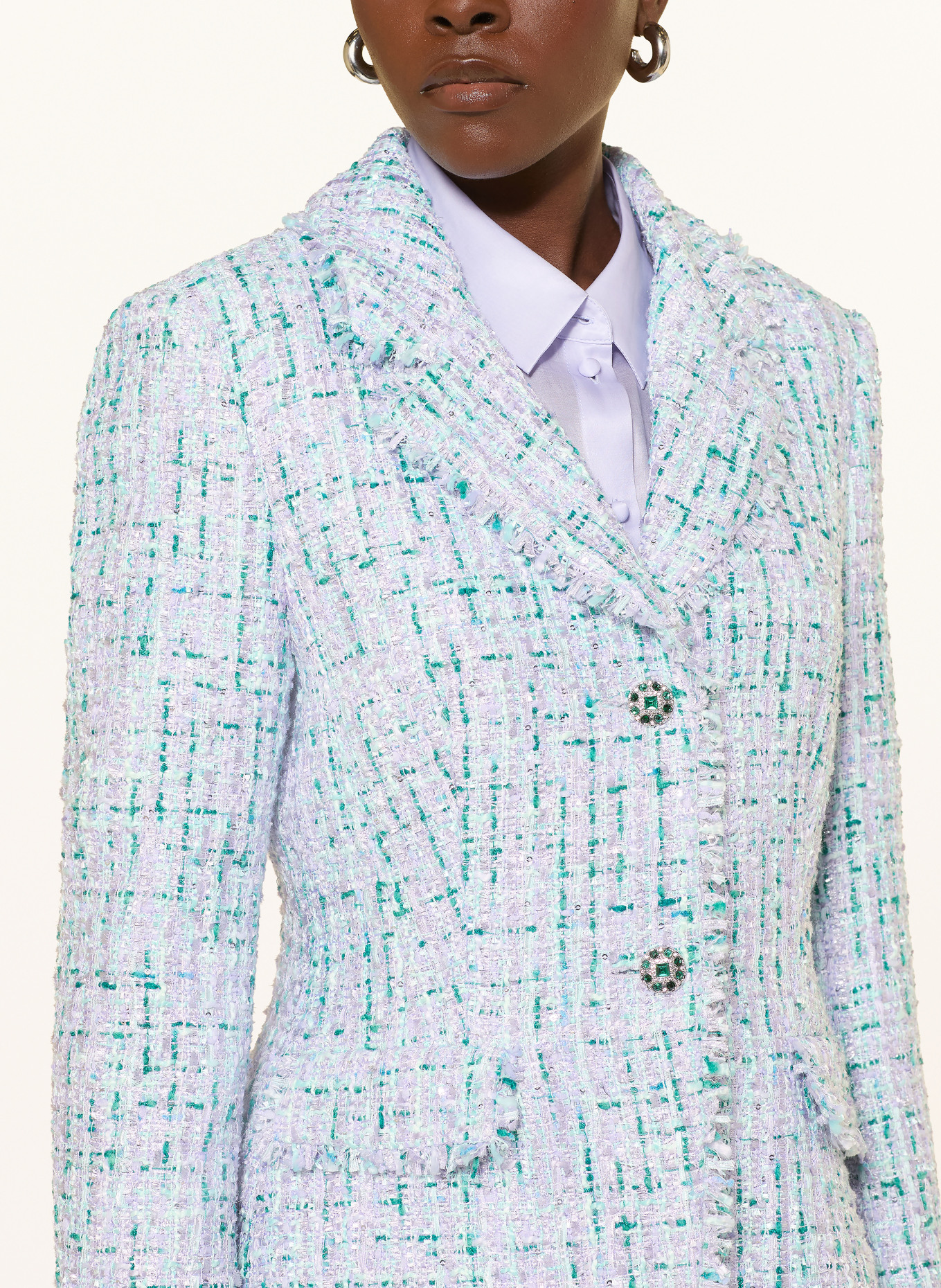 MARC CAIN Tweed blazer with sequins and rhinestones: 502 misty jade