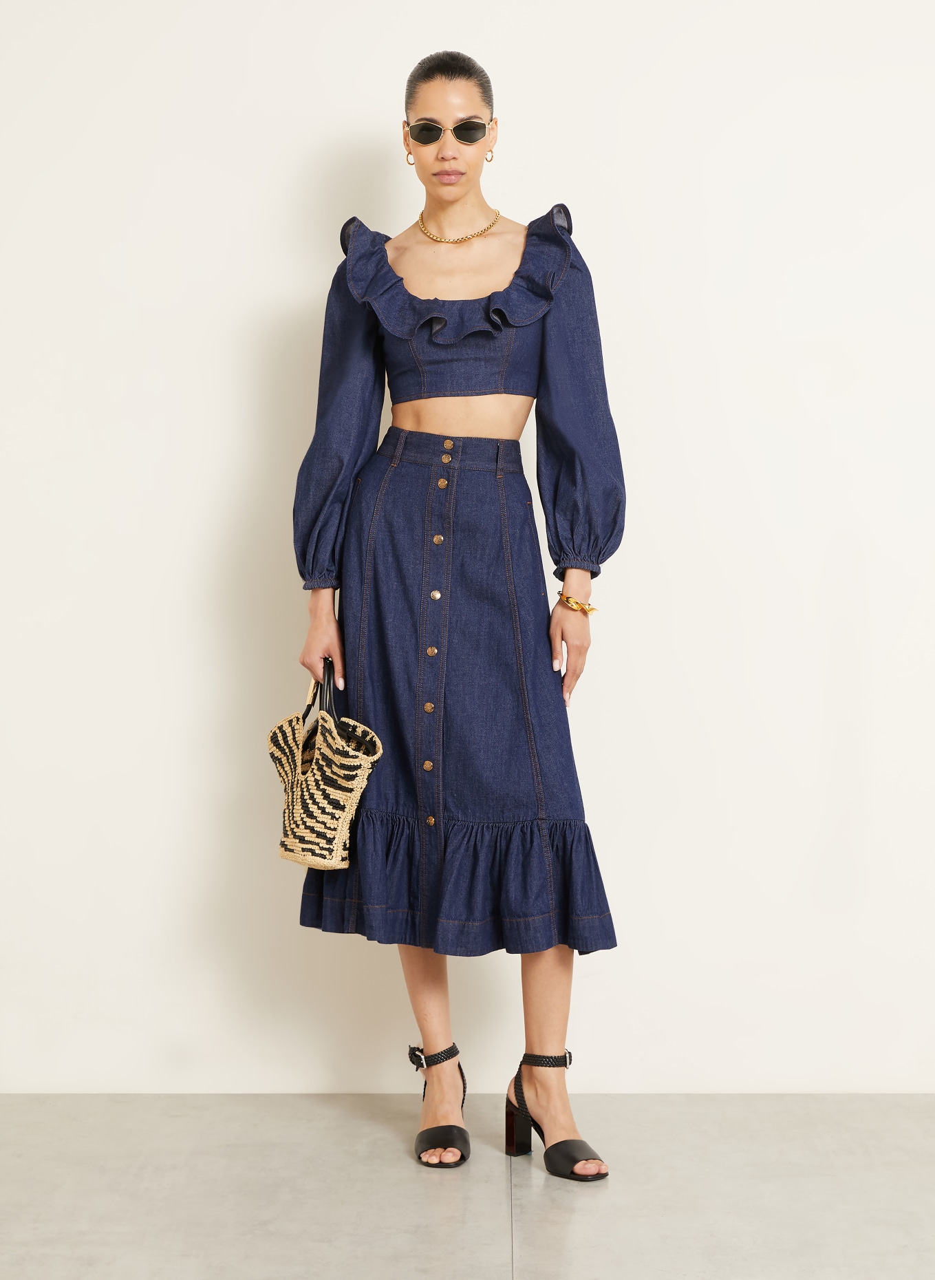 ZIMMERMANN Chemisier en jean ASTER à volants: BLEU FONCÉ