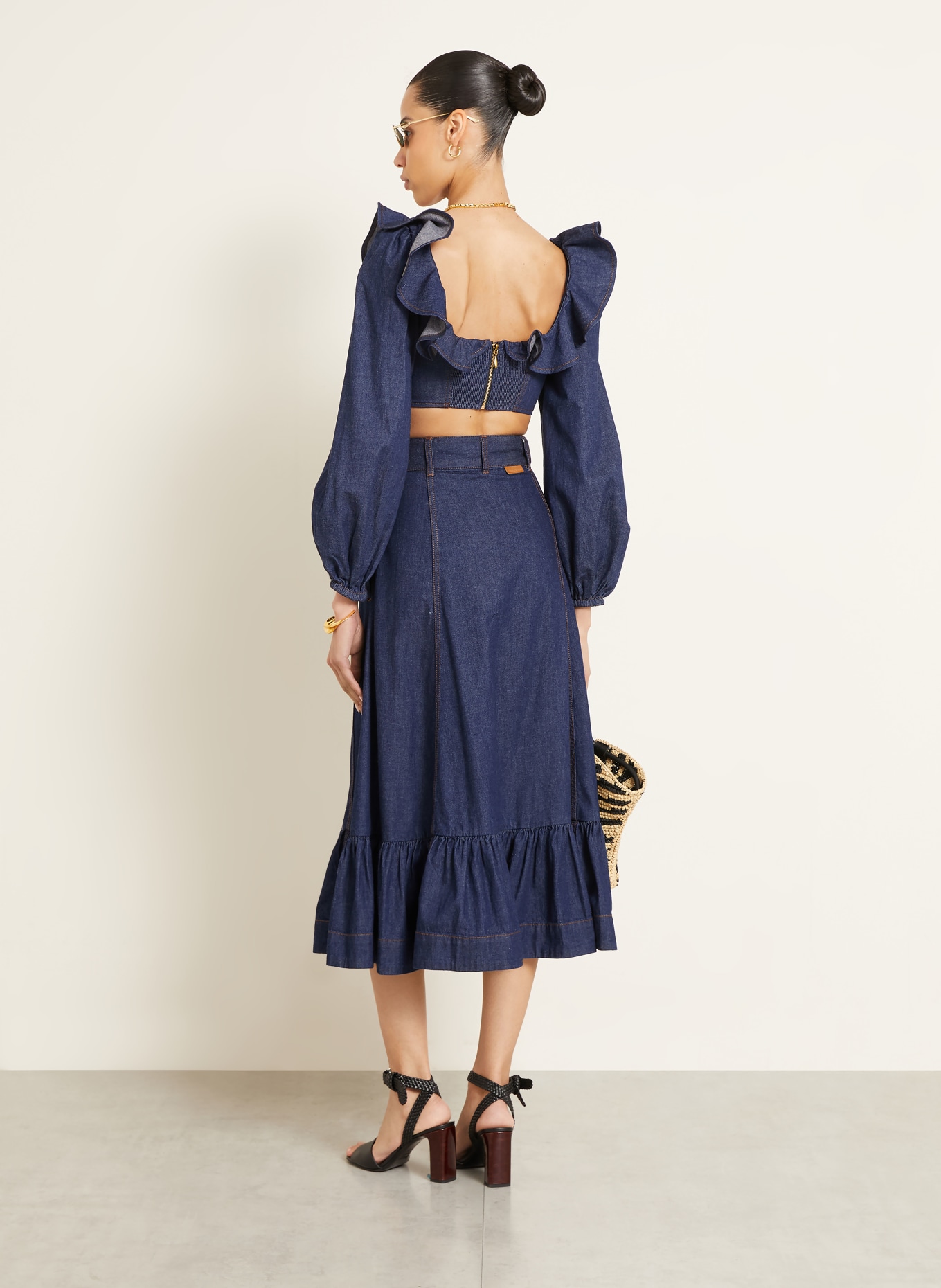 ZIMMERMANN Chemisier en jean ASTER à volants: BLEU FONCÉ