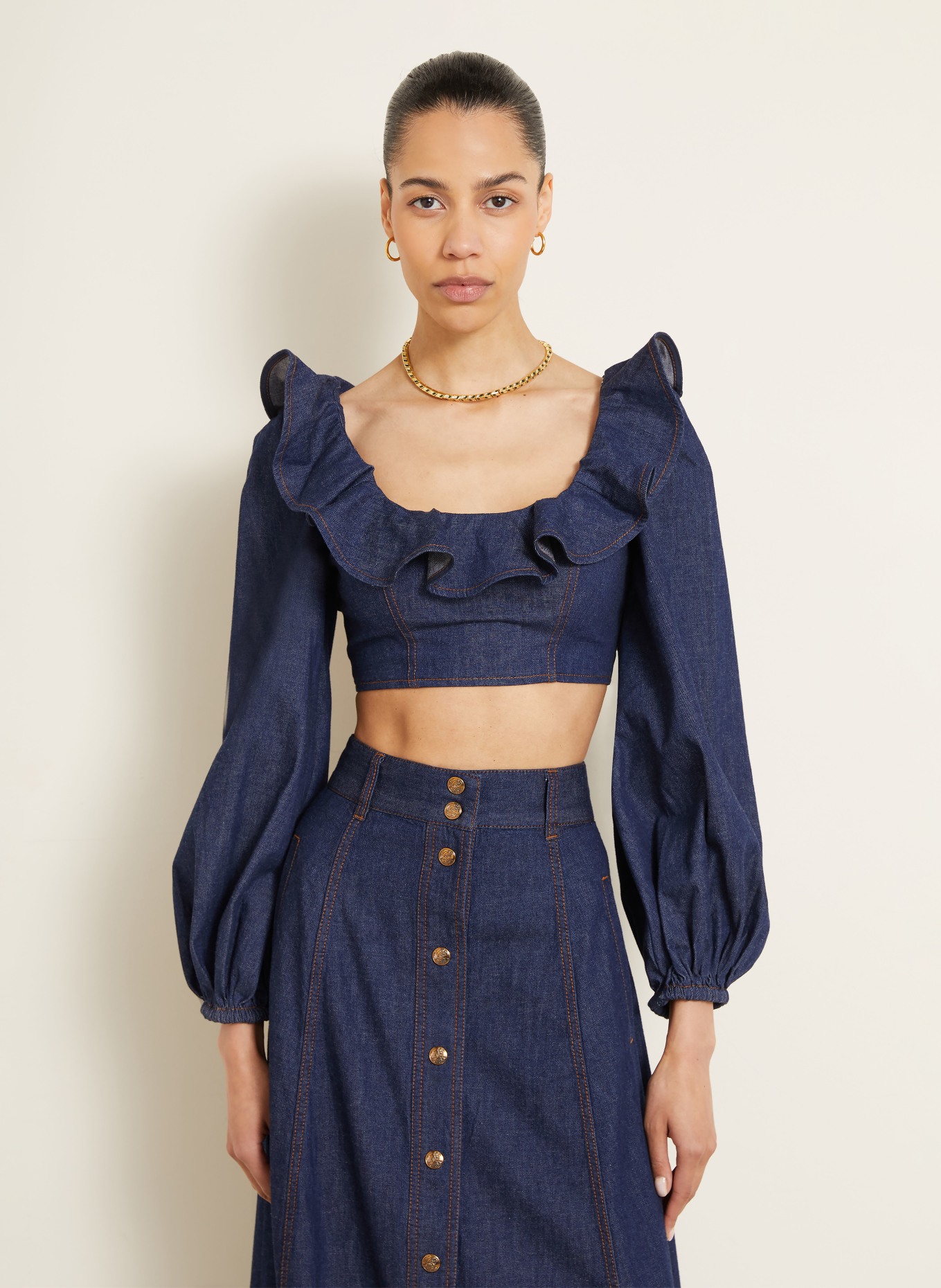 ZIMMERMANN Chemisier en jean ASTER à volants: BLEU FONCÉ