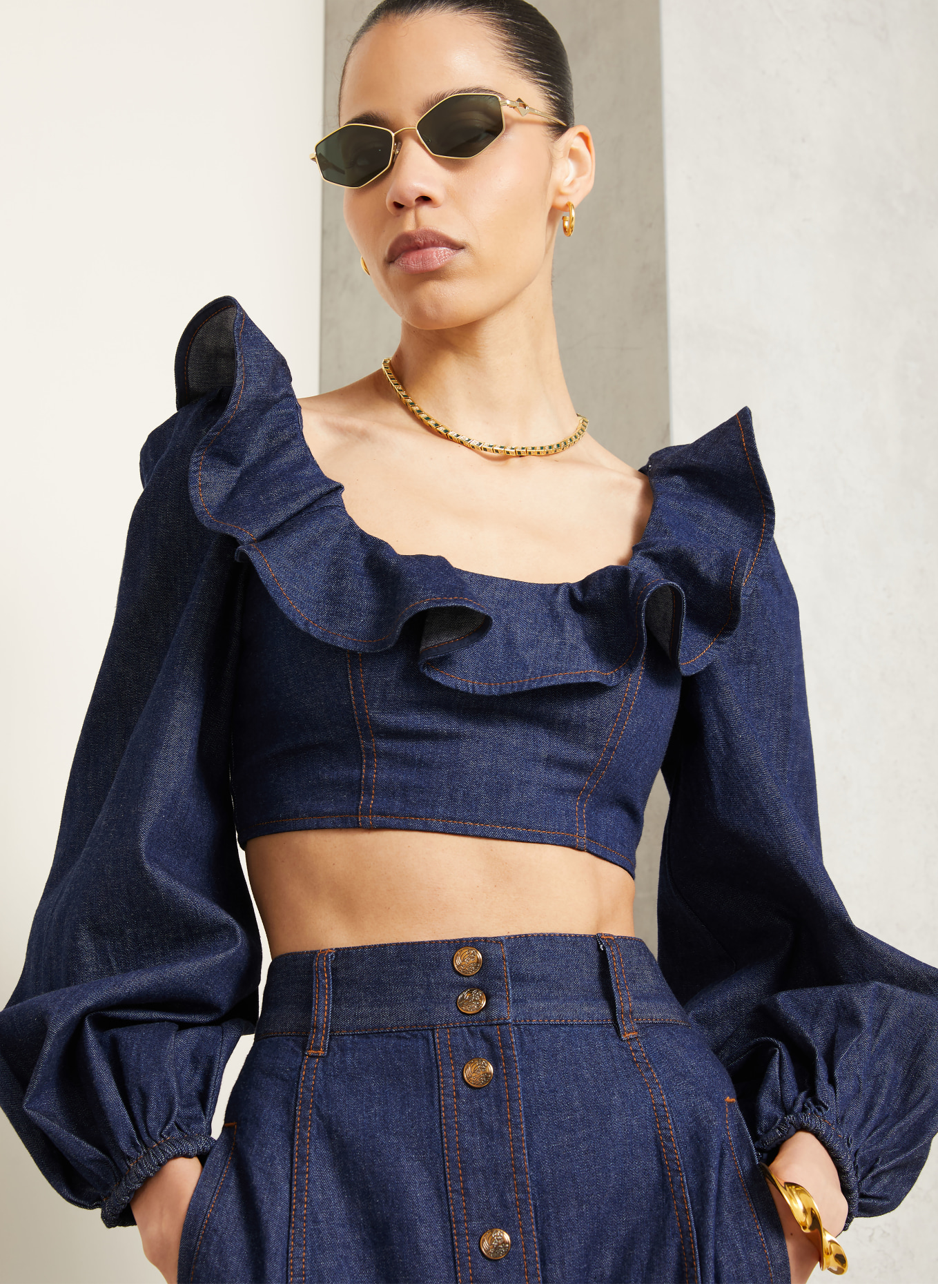 ZIMMERMANN Chemisier en jean ASTER à volants: BLEU FONCÉ