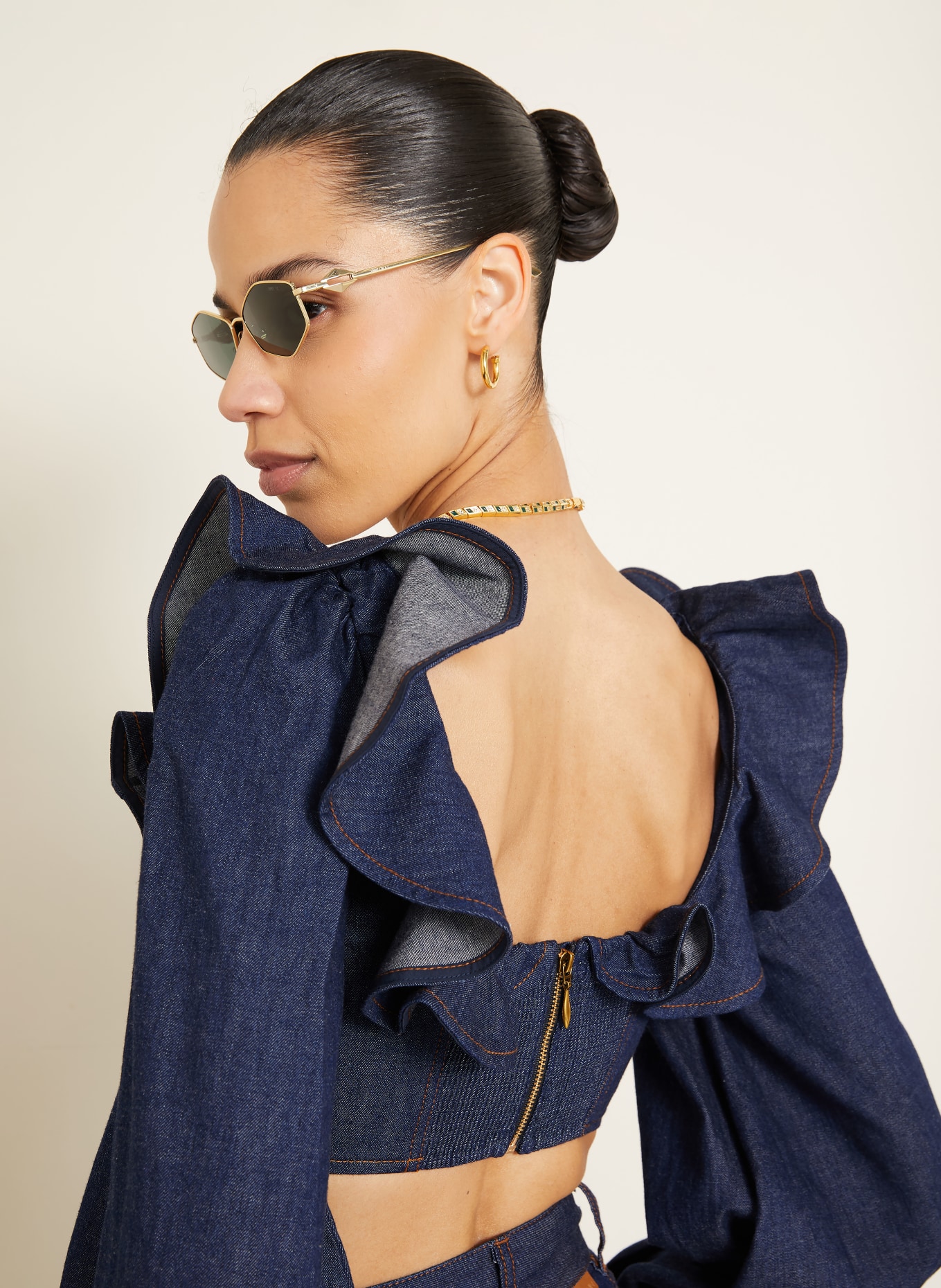 ZIMMERMANN Chemisier en jean ASTER à volants: BLEU FONCÉ