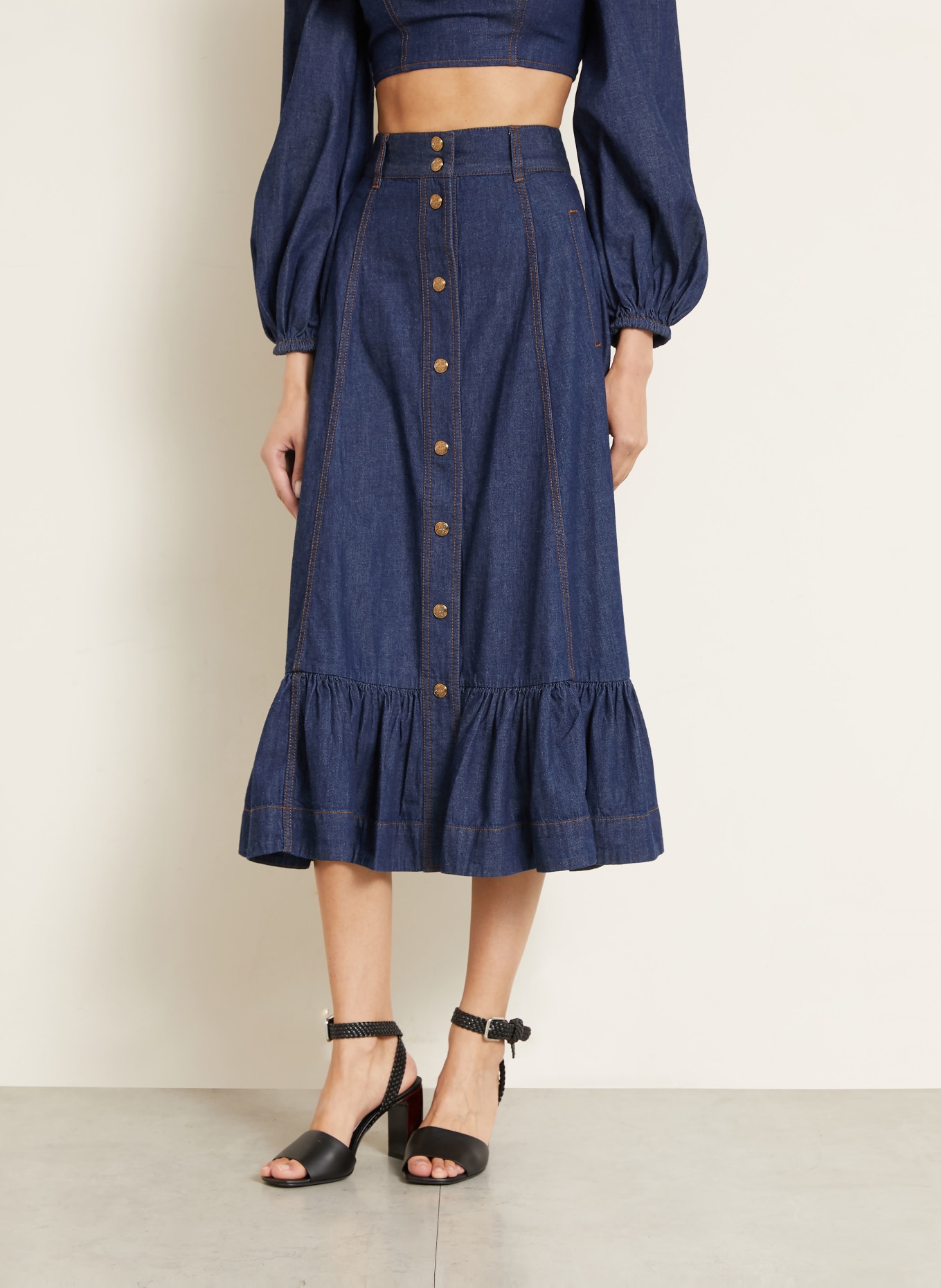 ZIMMERMANN Jeansrock ASTER mit Rüschen: DUNKELBLAU