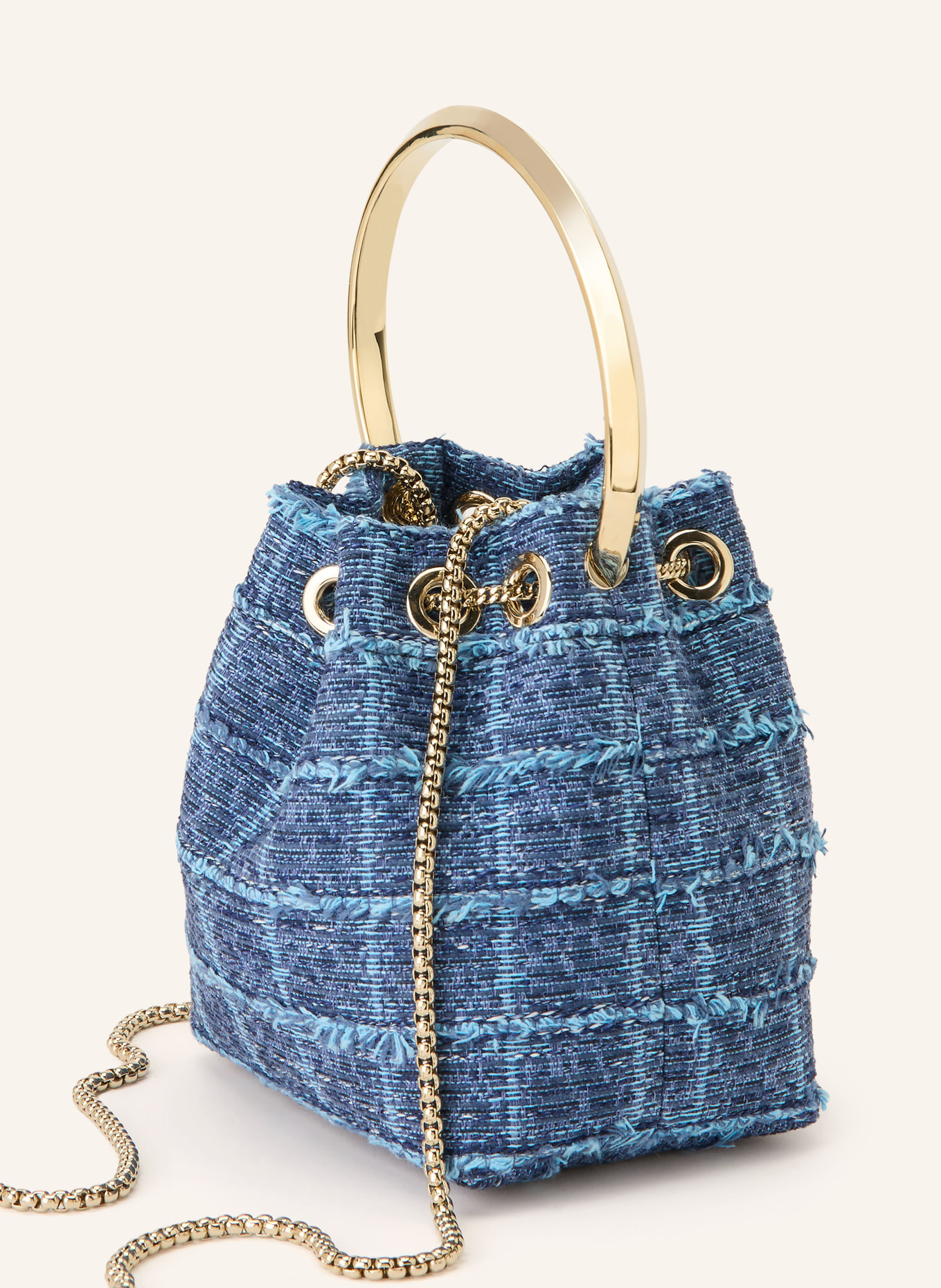 JIMMY CHOO Geantă tip sac BON BON cu perle decorative: ALBASTRU DESCHIS / AUR / ALB
