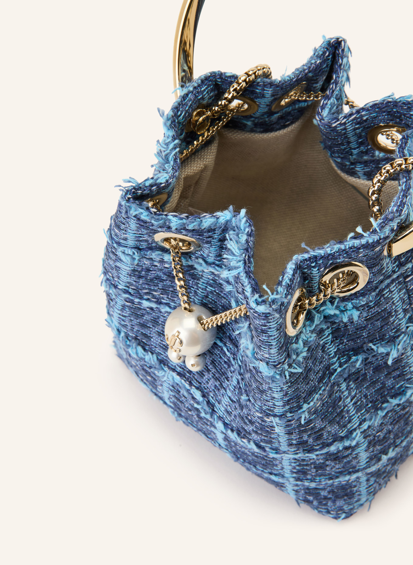 JIMMY CHOO Geantă tip sac BON BON cu perle decorative: ALBASTRU DESCHIS / AUR / ALB