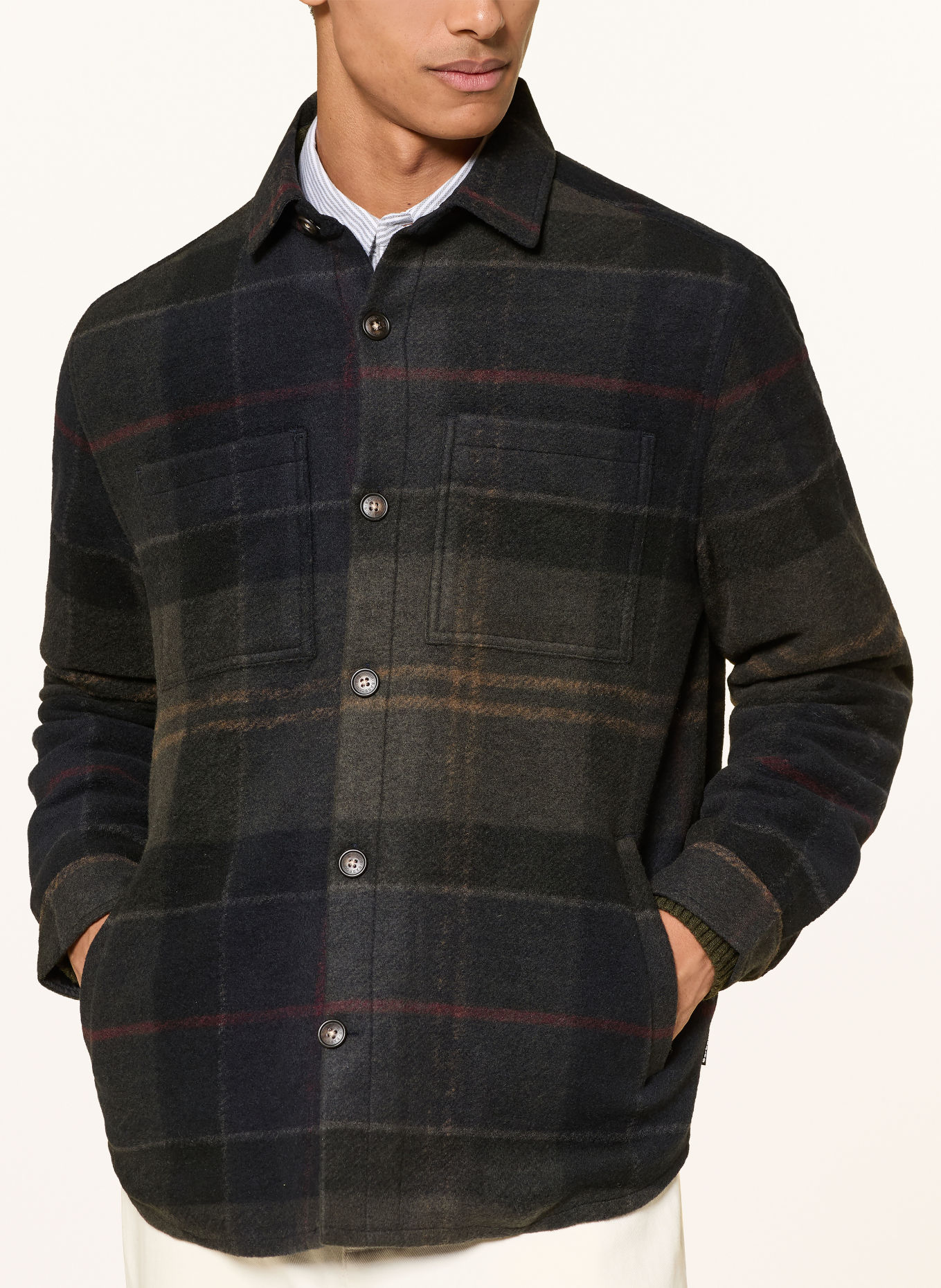 Barbour Flanell-Overshirt WOODLANE: SCHWARZ / DUNKELROT / DUNKELGRÜN