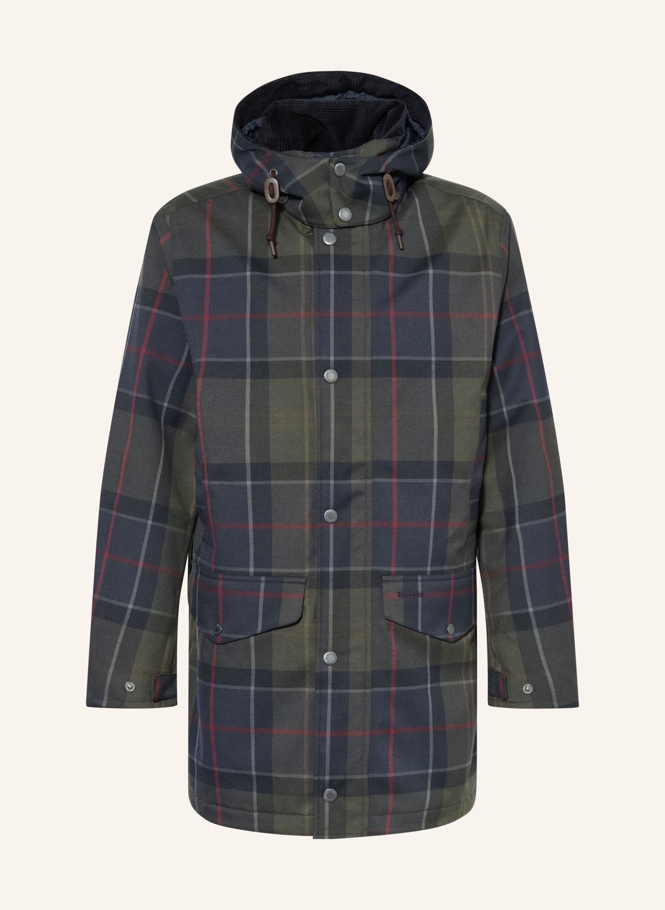 Barbour Parka LONNEN mit abnehmbarer Kapuze: DUNKELBLAU / DUNKELROT / DUNKELGRÜN