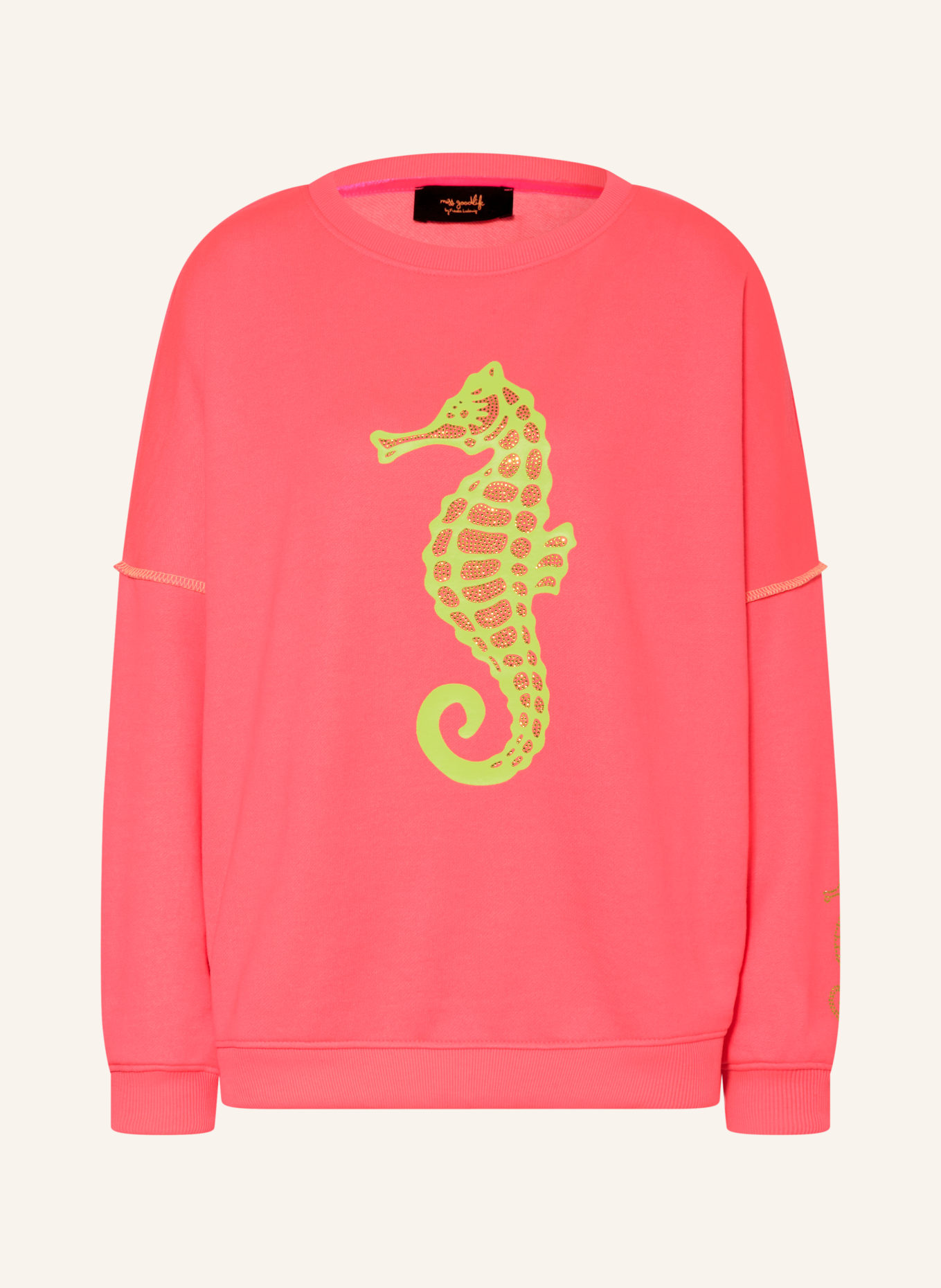 miss goodlife Oversized-Sweatshirt mit Schmucksteinen: NEONPINK / NEONGELB