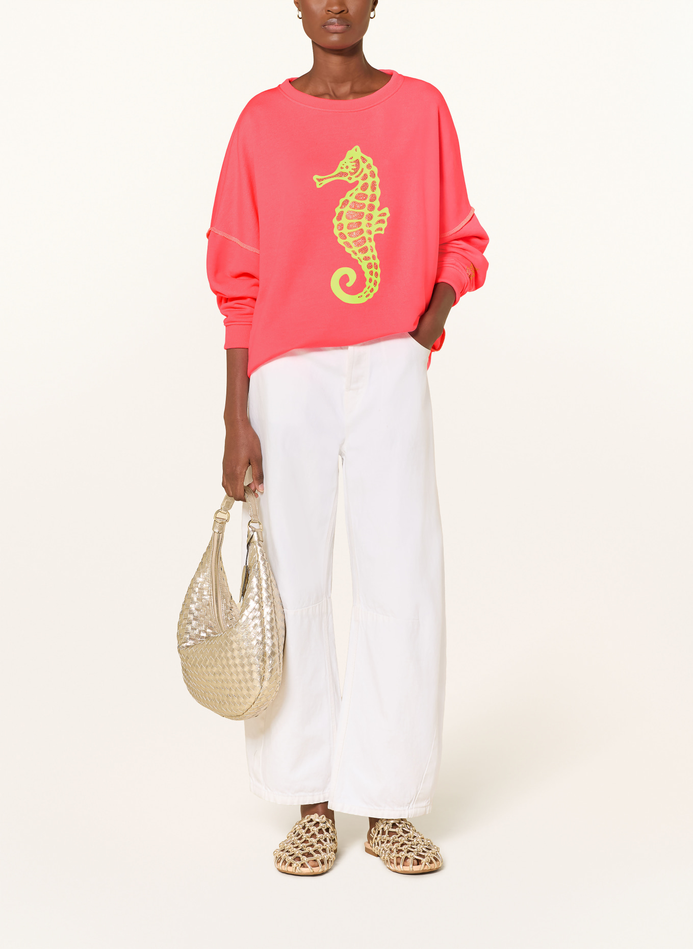 miss goodlife Oversized-Sweatshirt mit Schmucksteinen: NEONPINK / NEONGELB