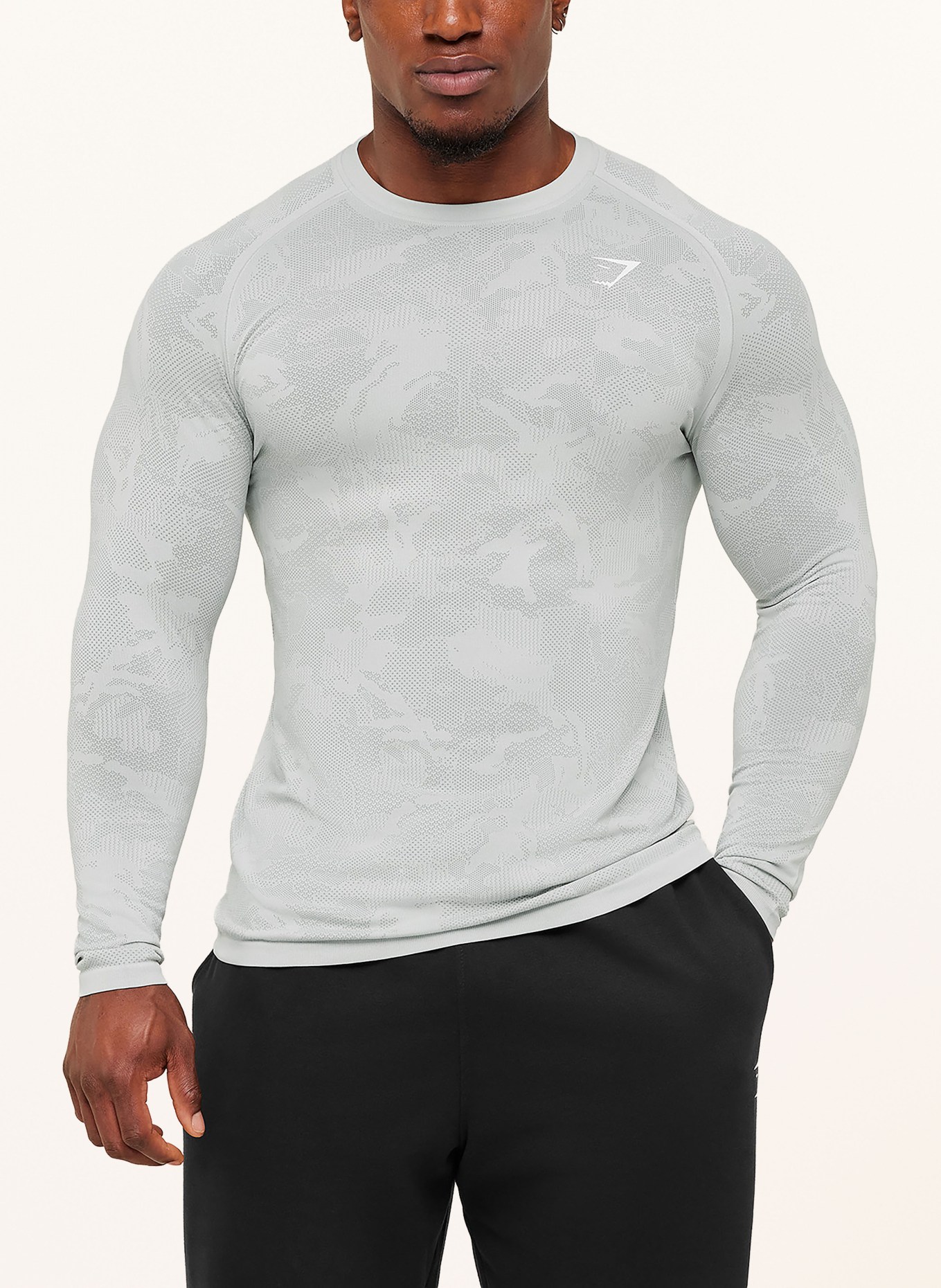 GYMSHARK Longsleeve GEO SEAMLESS: HELLGRAU / WEISS