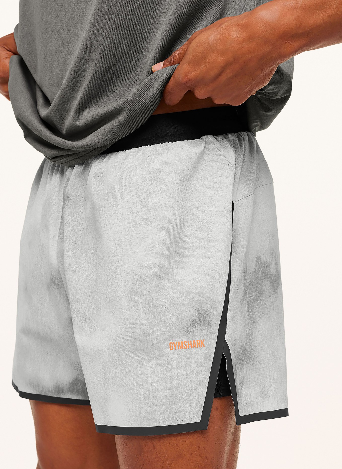 GYMSHARK 2-in-1-Trainingsshorts HYBRID 5": GRAU / ORANGE / SCHWARZ