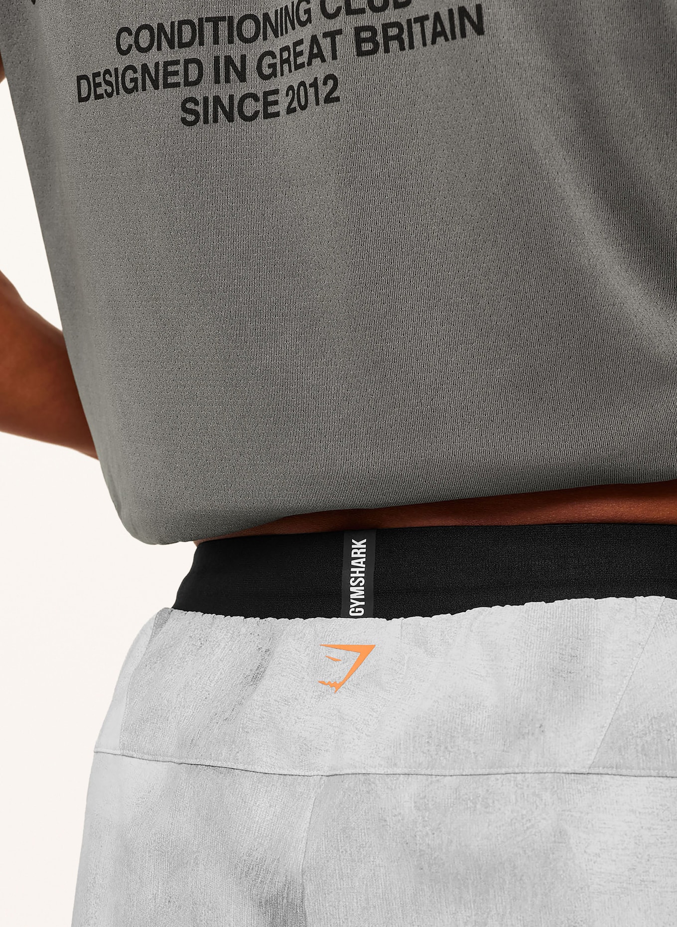 GYMSHARK 2-in-1-Trainingsshorts HYBRID 5": GRAU / ORANGE / SCHWARZ