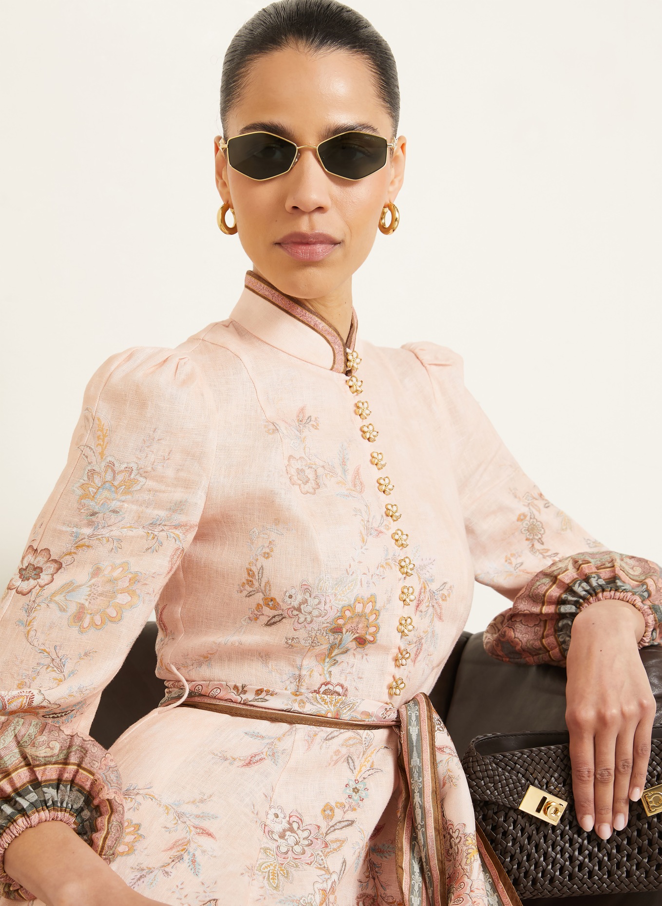 ZIMMERMANN Robe en lin ALCHEMY: ROSÉ / MARRON FONCÉ / VERT