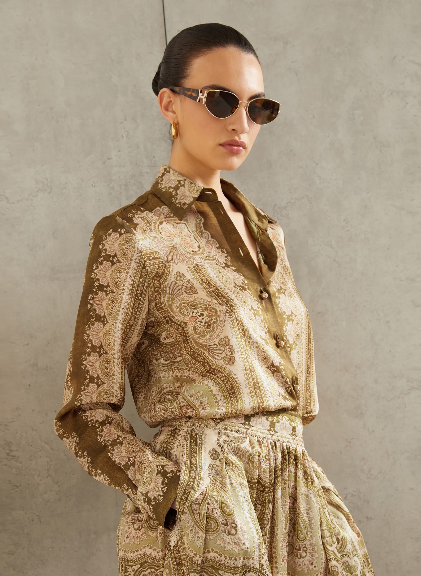 ZIMMERMANN Hemdbluse LUNA aus Seide: OLIV / HELLBRAUN / HELLGRÜN