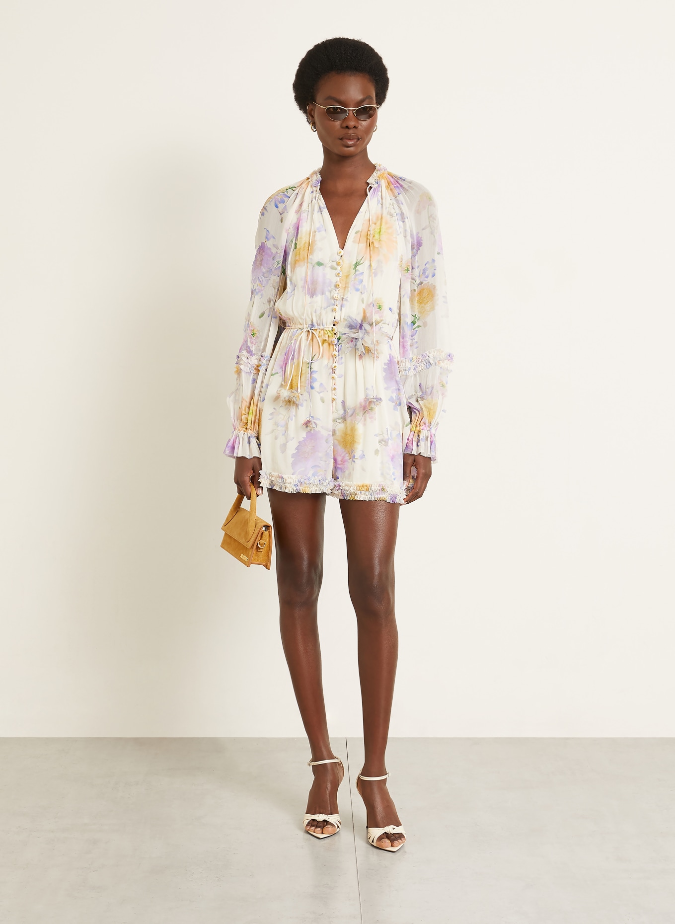 ZIMMERMANN LUNA Jumpsuit with Ruffles: LIGHT BROWN / LIGHT PURPLE / YELLOW