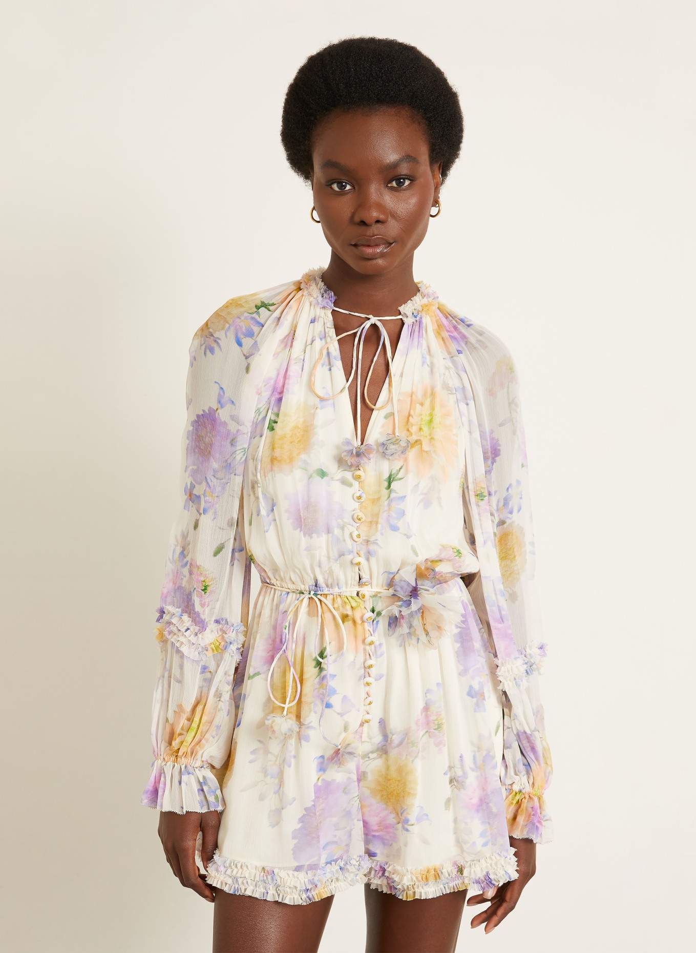 ZIMMERMANN LUNA Jumpsuit with Ruffles: LIGHT BROWN / LIGHT PURPLE / YELLOW