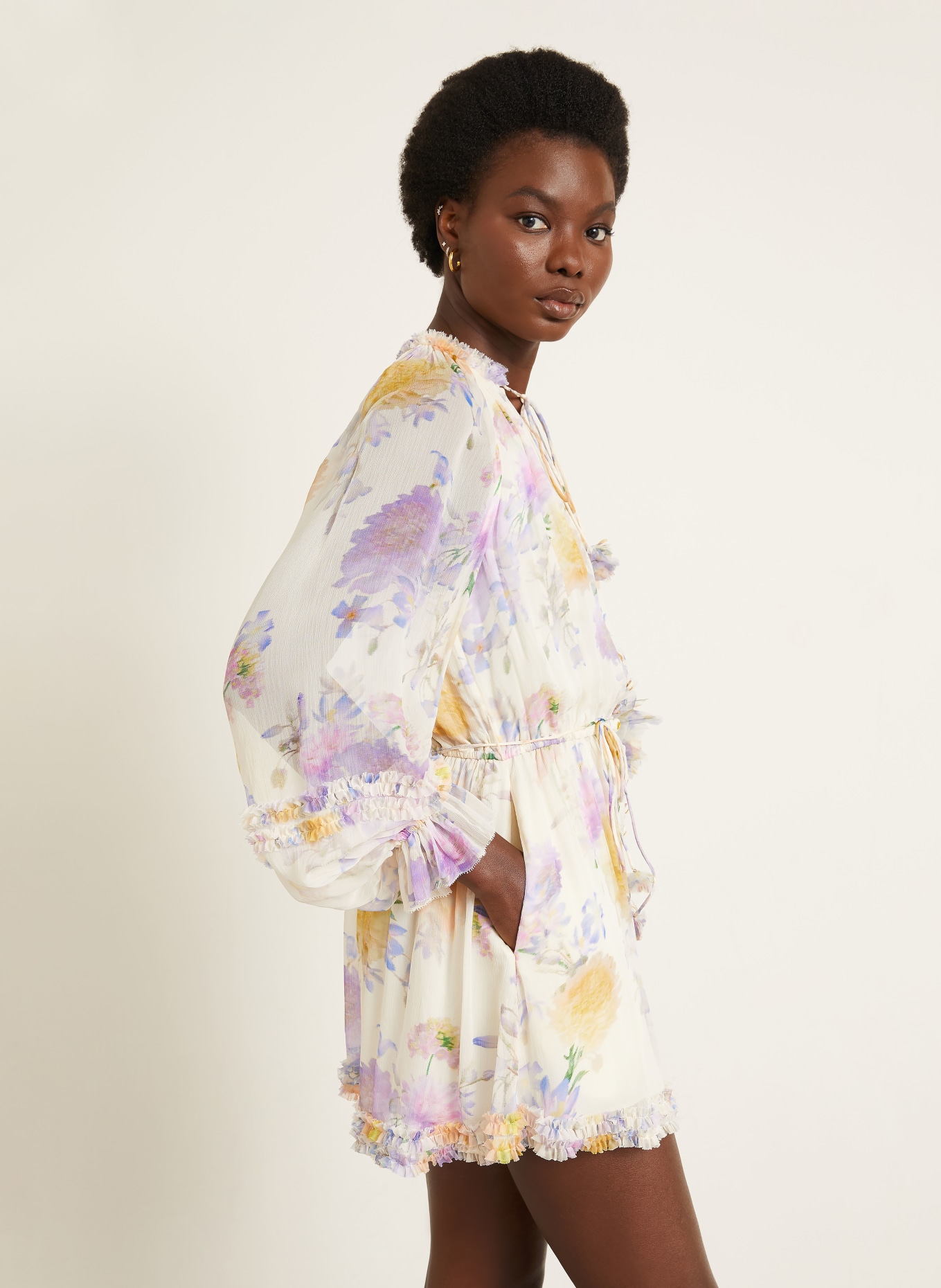 ZIMMERMANN LUNA Jumpsuit with Ruffles: LIGHT BROWN / LIGHT PURPLE / YELLOW