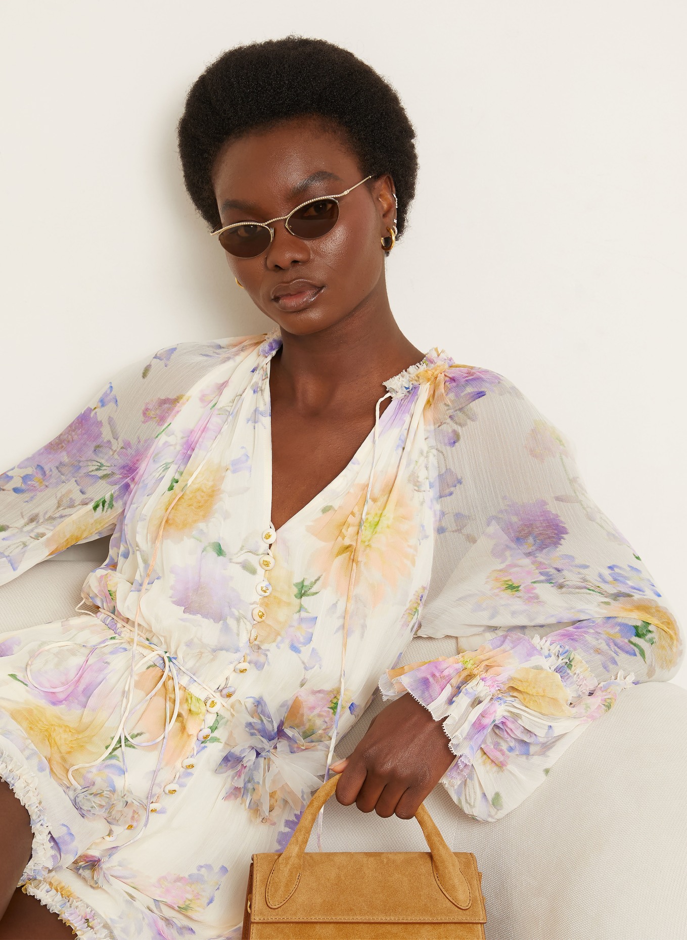 ZIMMERMANN LUNA Jumpsuit with Ruffles: LIGHT BROWN / LIGHT PURPLE / YELLOW