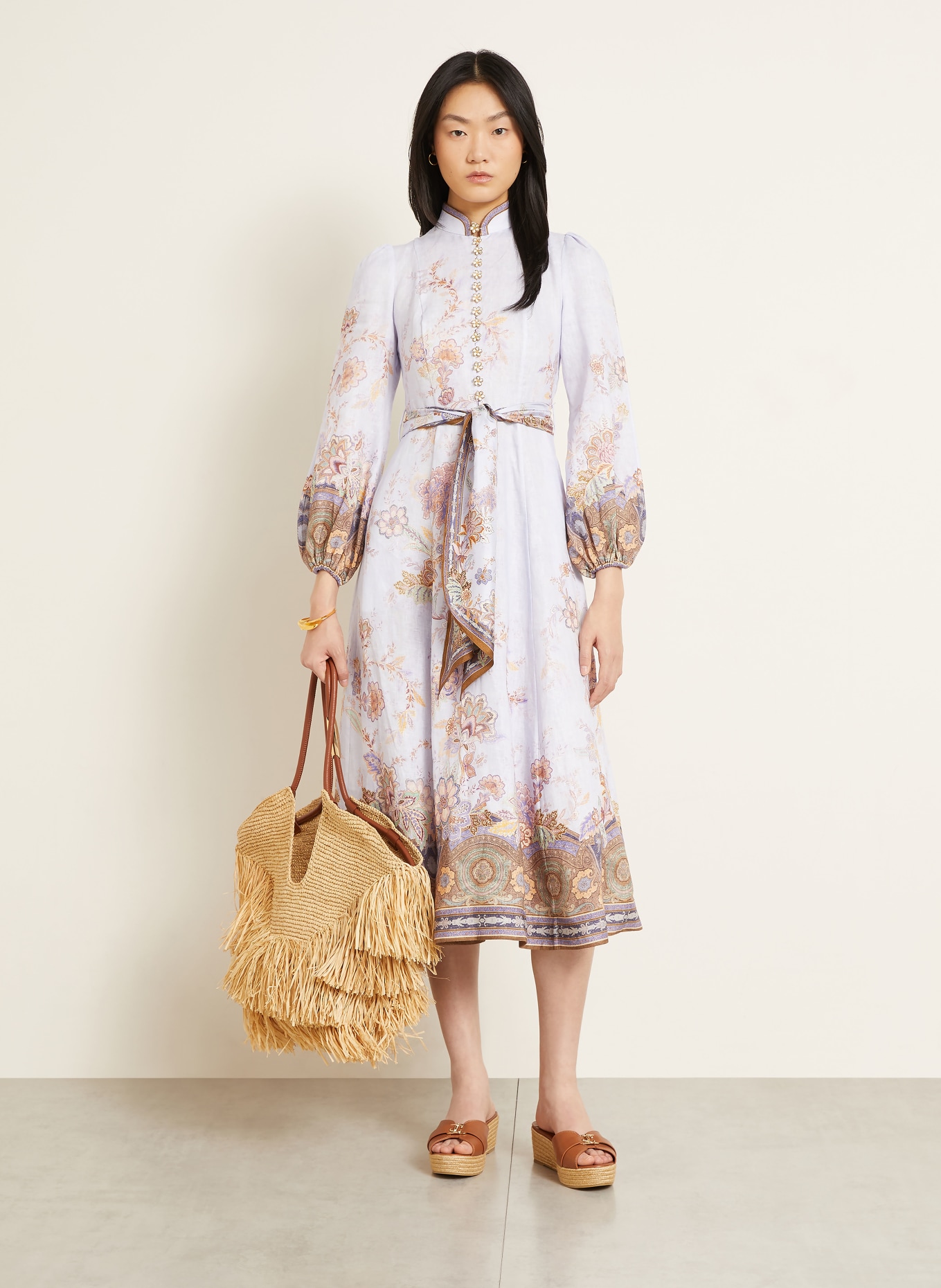 ZIMMERMANN Chemise en lin LUNA à manches 3/4: BLEU CLAIR / MARRON / LILAS CLAIR