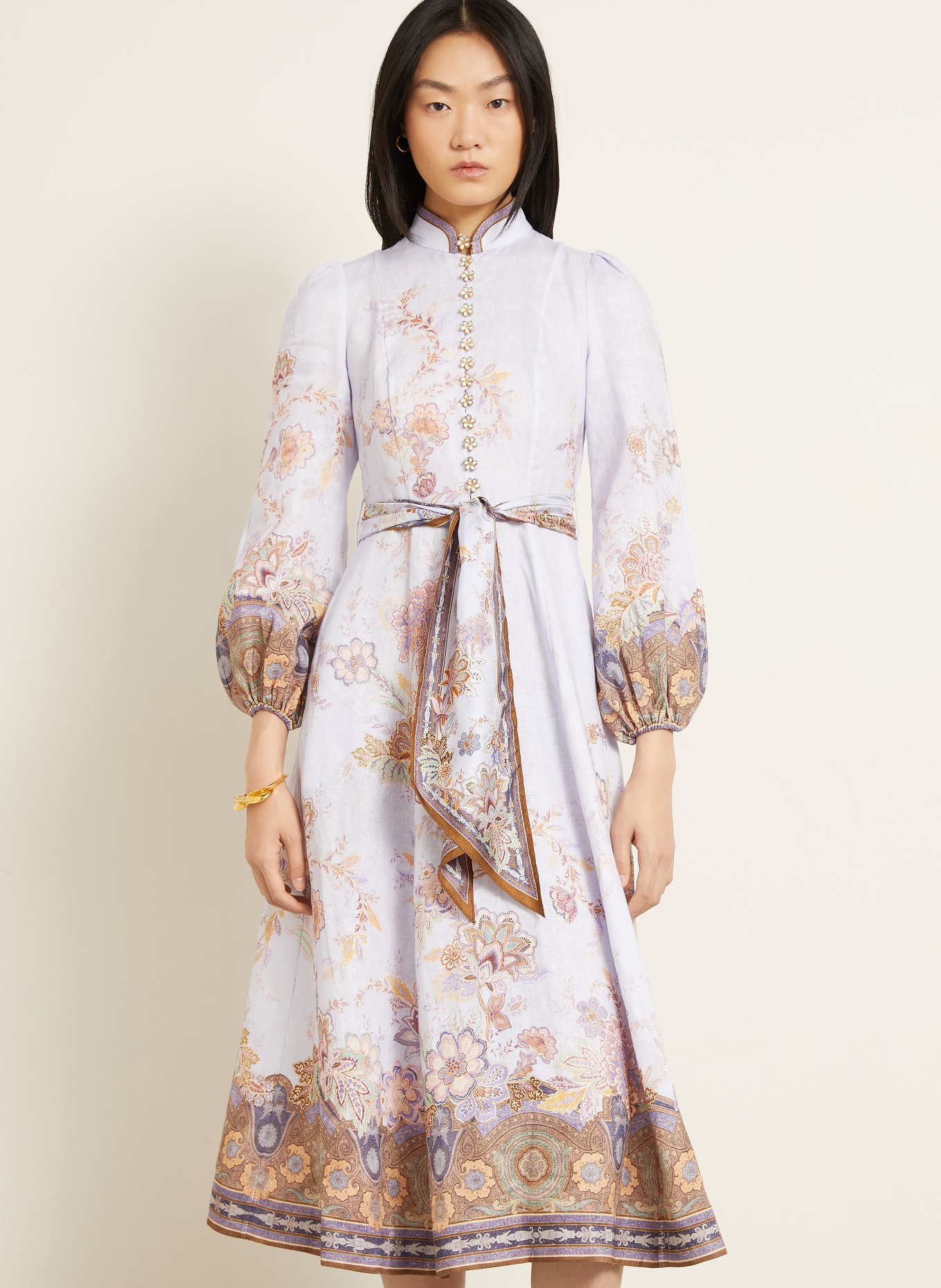 ZIMMERMANN Chemise en lin LUNA à manches 3/4: BLEU CLAIR / MARRON / LILAS CLAIR