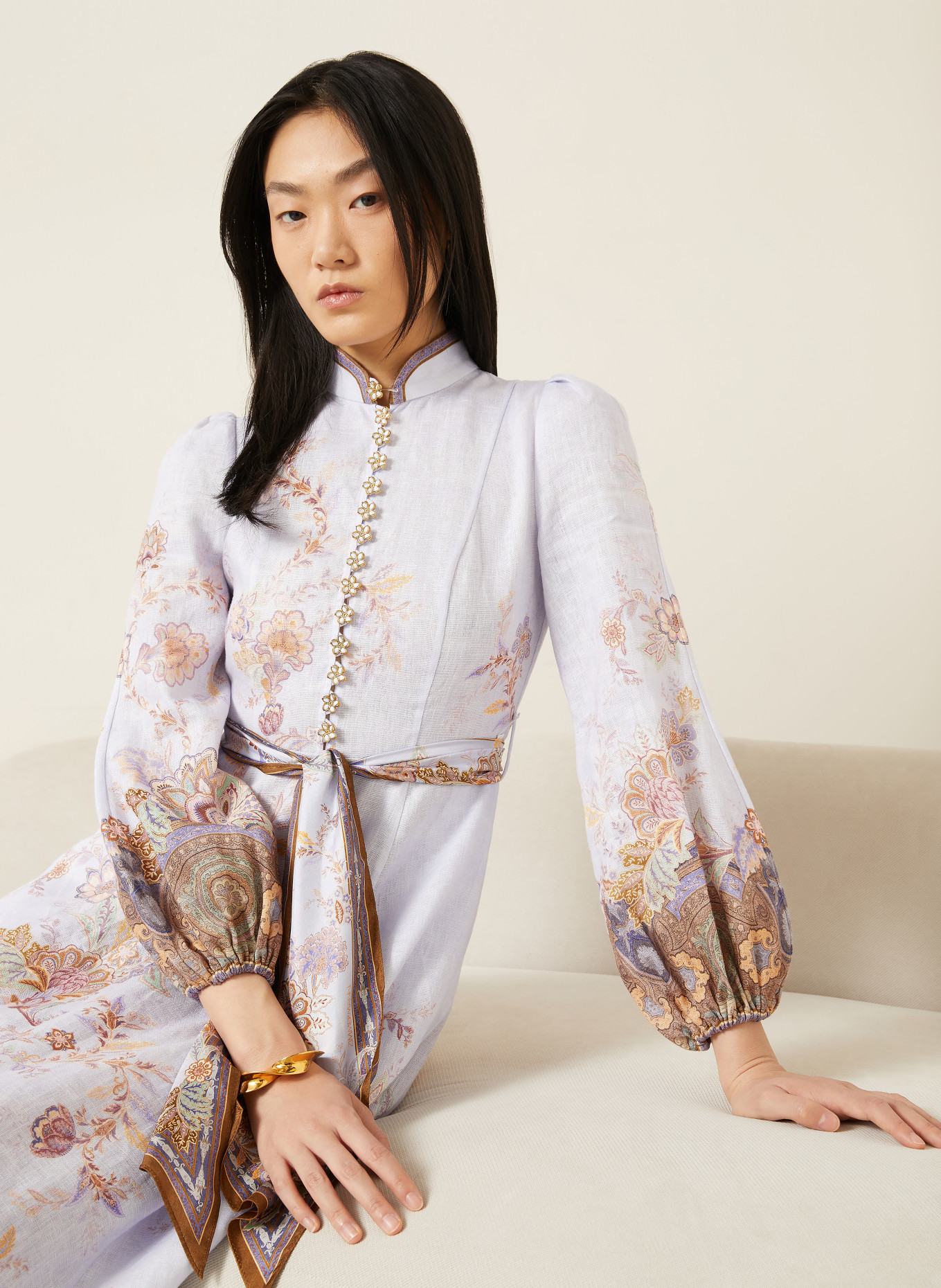 ZIMMERMANN Chemise en lin LUNA à manches 3/4: BLEU CLAIR / MARRON / LILAS CLAIR