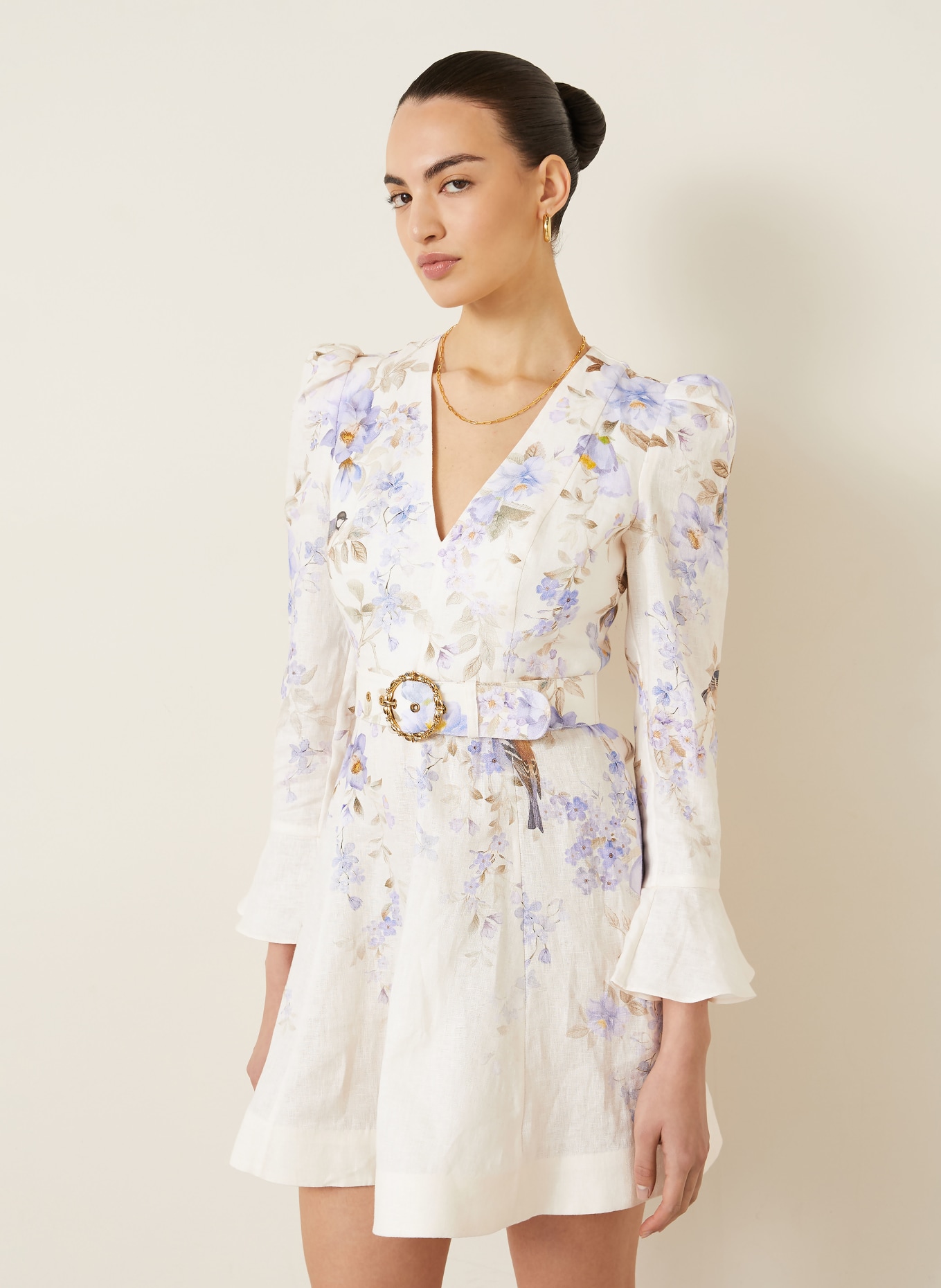 ZIMMERMANN Leinenkleid LUNA: CREME / DUNKELGELB / HELLBLAU