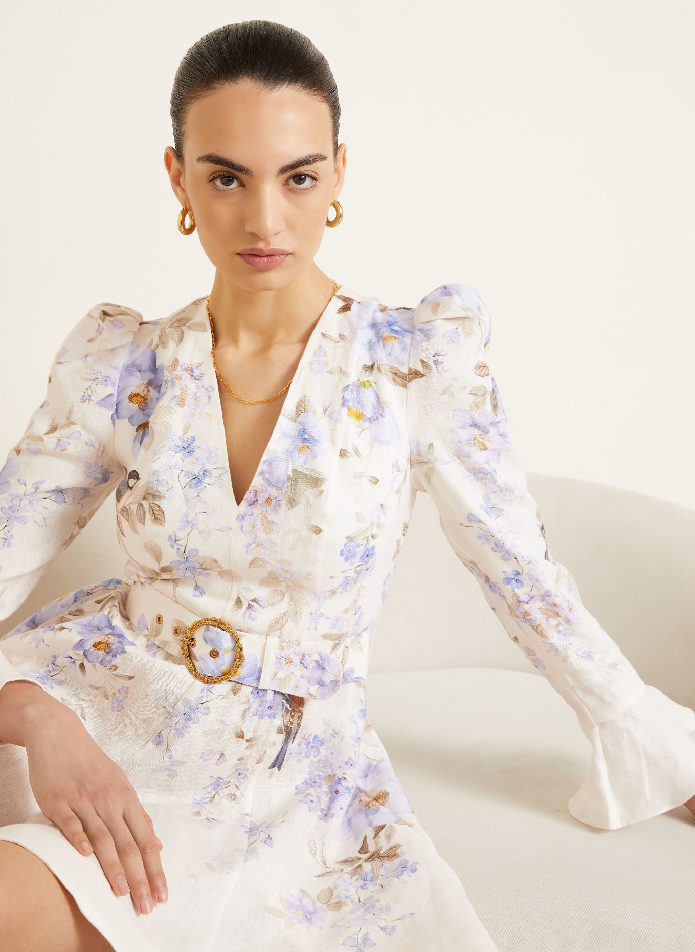 ZIMMERMANN Leinenkleid LUNA: CREME / DUNKELGELB / HELLBLAU