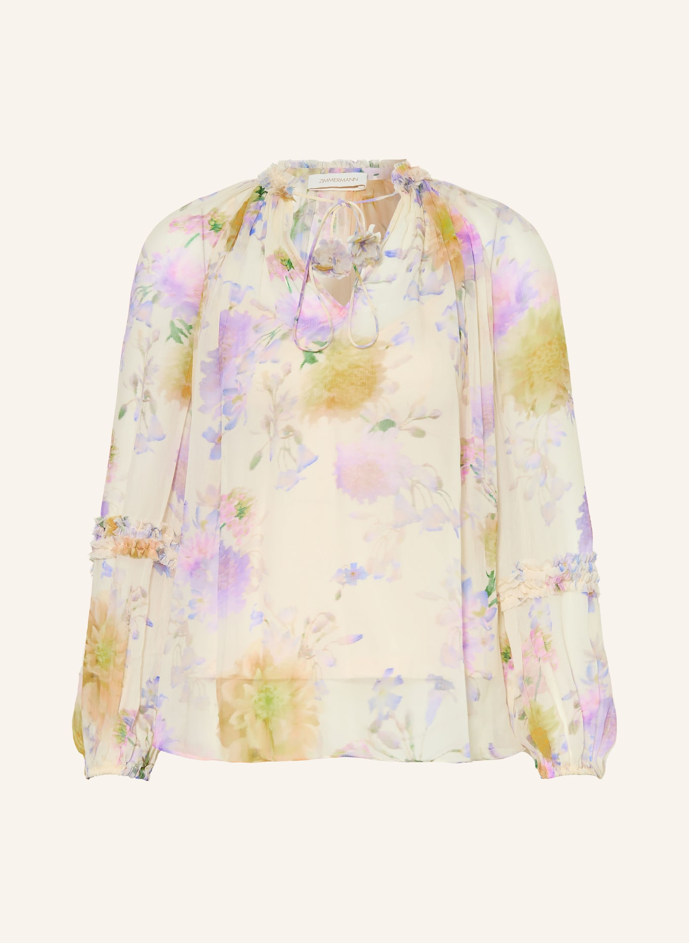 ZIMMERMANN Blusenshirt LUNA mit Rüschen: CREME / LILA / DUNKELORANGE