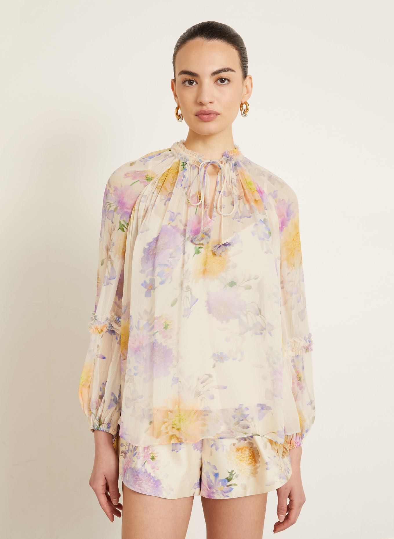 ZIMMERMANN Blusenshirt LUNA mit Rüschen: CREME / LILA / DUNKELORANGE