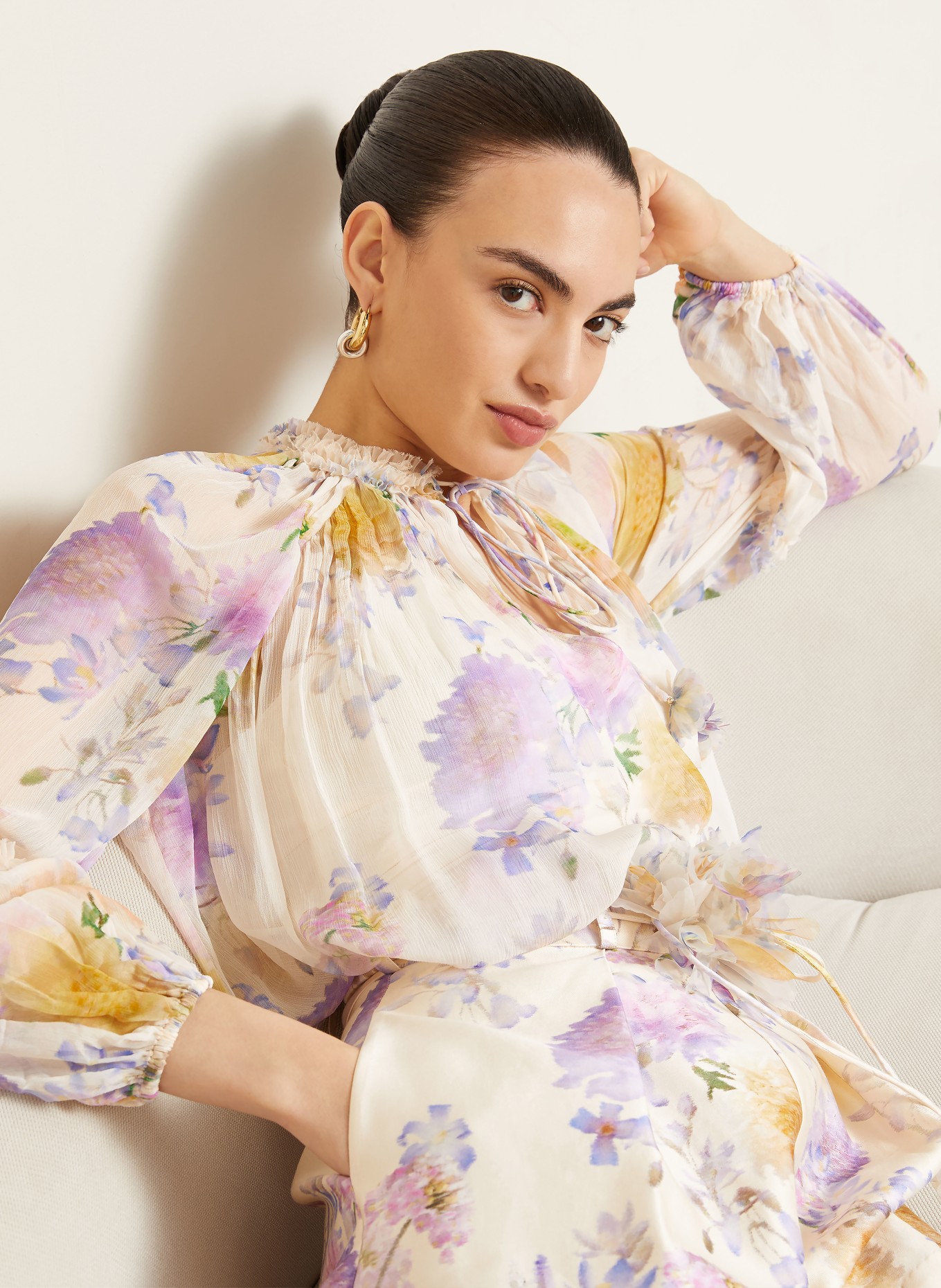 ZIMMERMANN Blusenshirt LUNA mit Rüschen: CREME / LILA / DUNKELORANGE