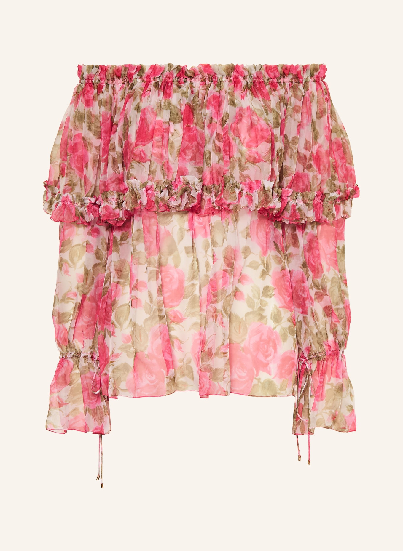 Chloé Hedvábná blůza s odhalenými rameny a volánky: RŮŽOVÁ / OLIVOVÁ / BÍLÁ