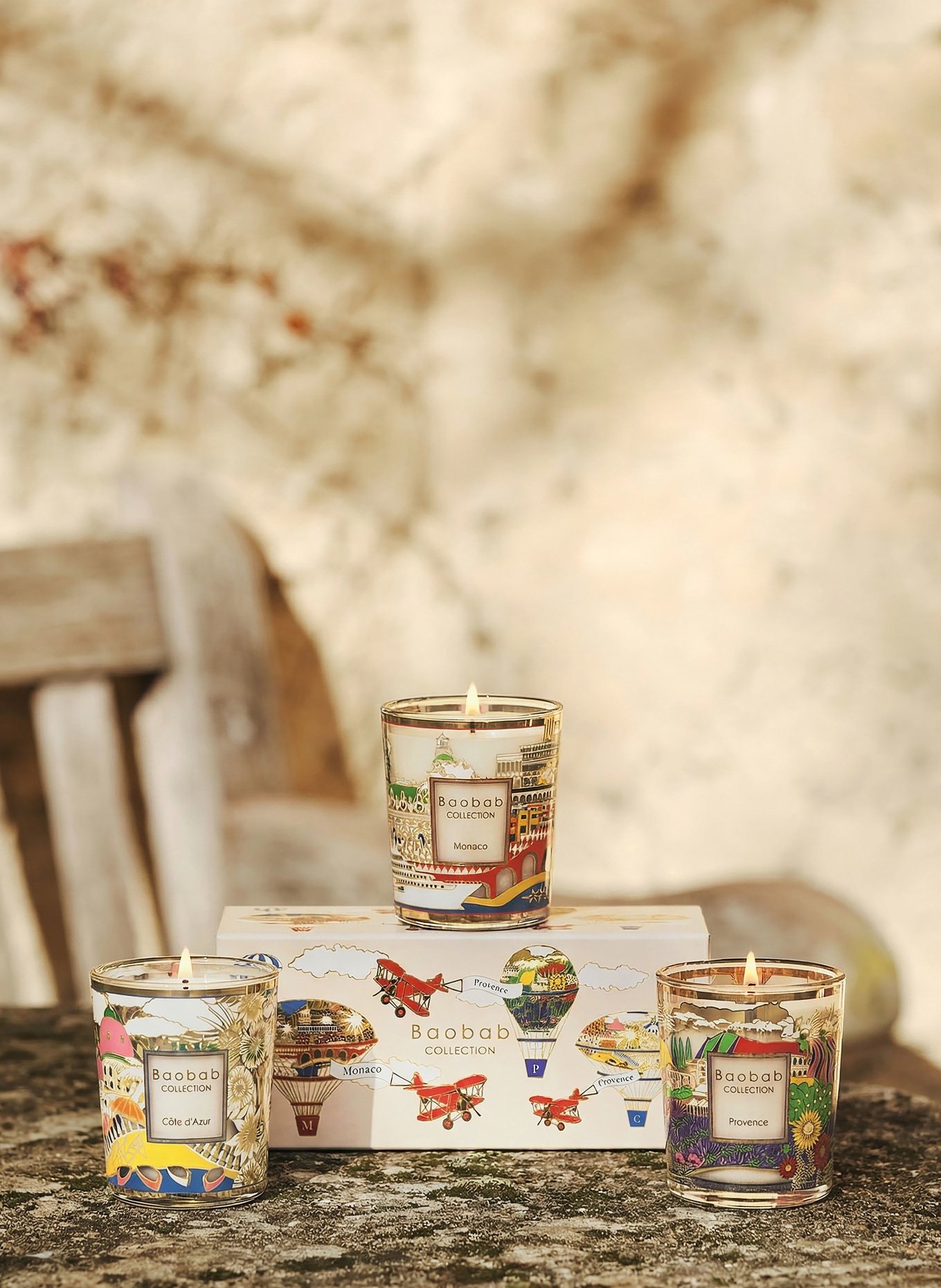 Baobab COLLECTION 3er-Set Duftkerzen PROVENCE-MONACO-CÔTE D'AZUR: WEISS / ROT / GELB