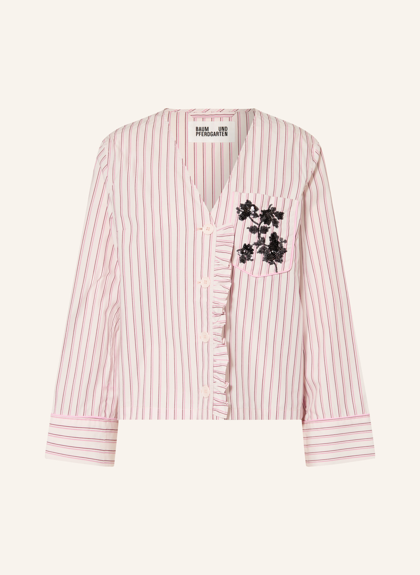 BAUM UND PFERDGARTEN BRIEL Blouse with Sequins and Ruffles: PINK / DARK BROWN / ECRU