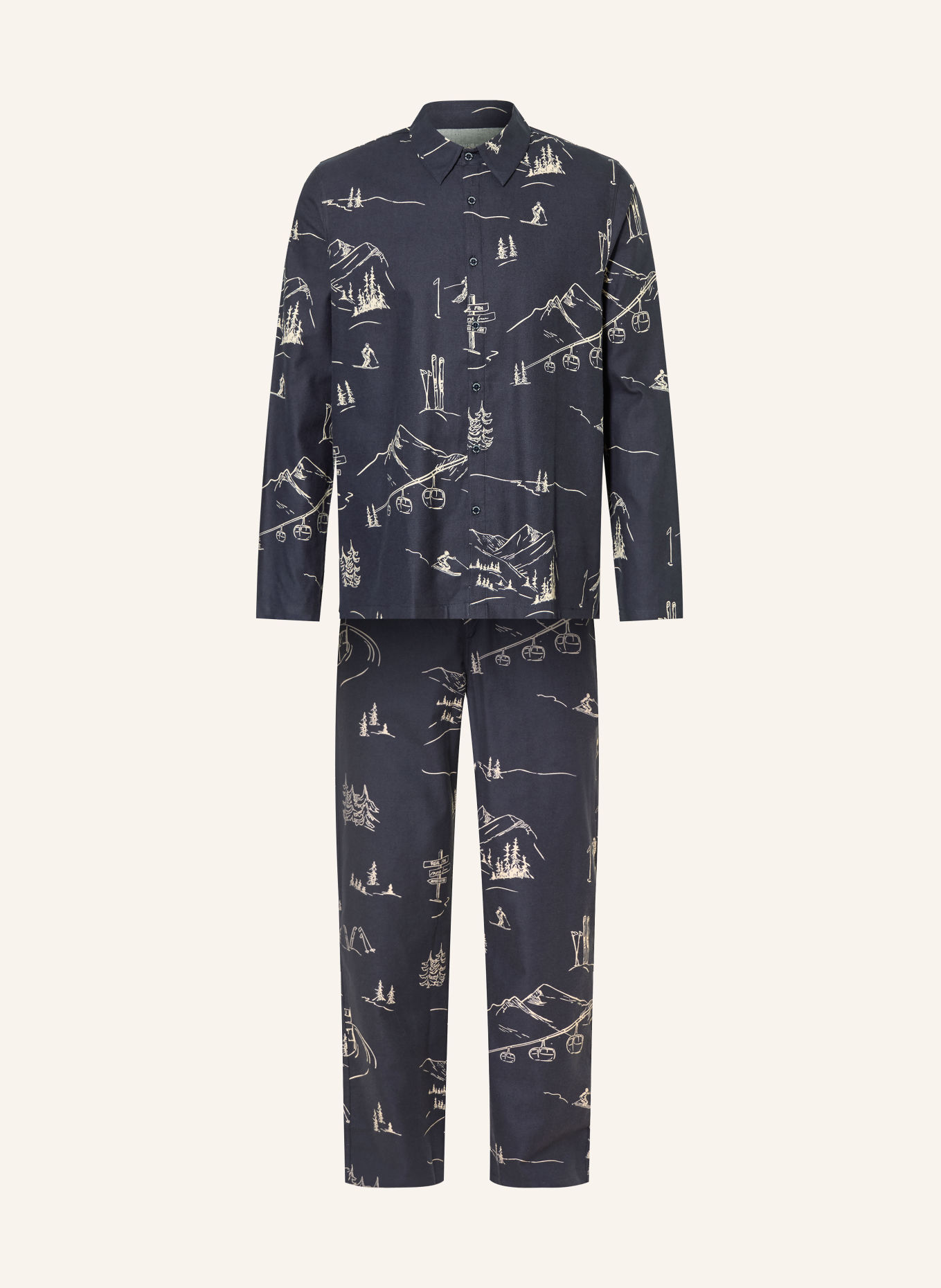 SCHIESSER Flanell pajamas: DARK BLUE / ECRU