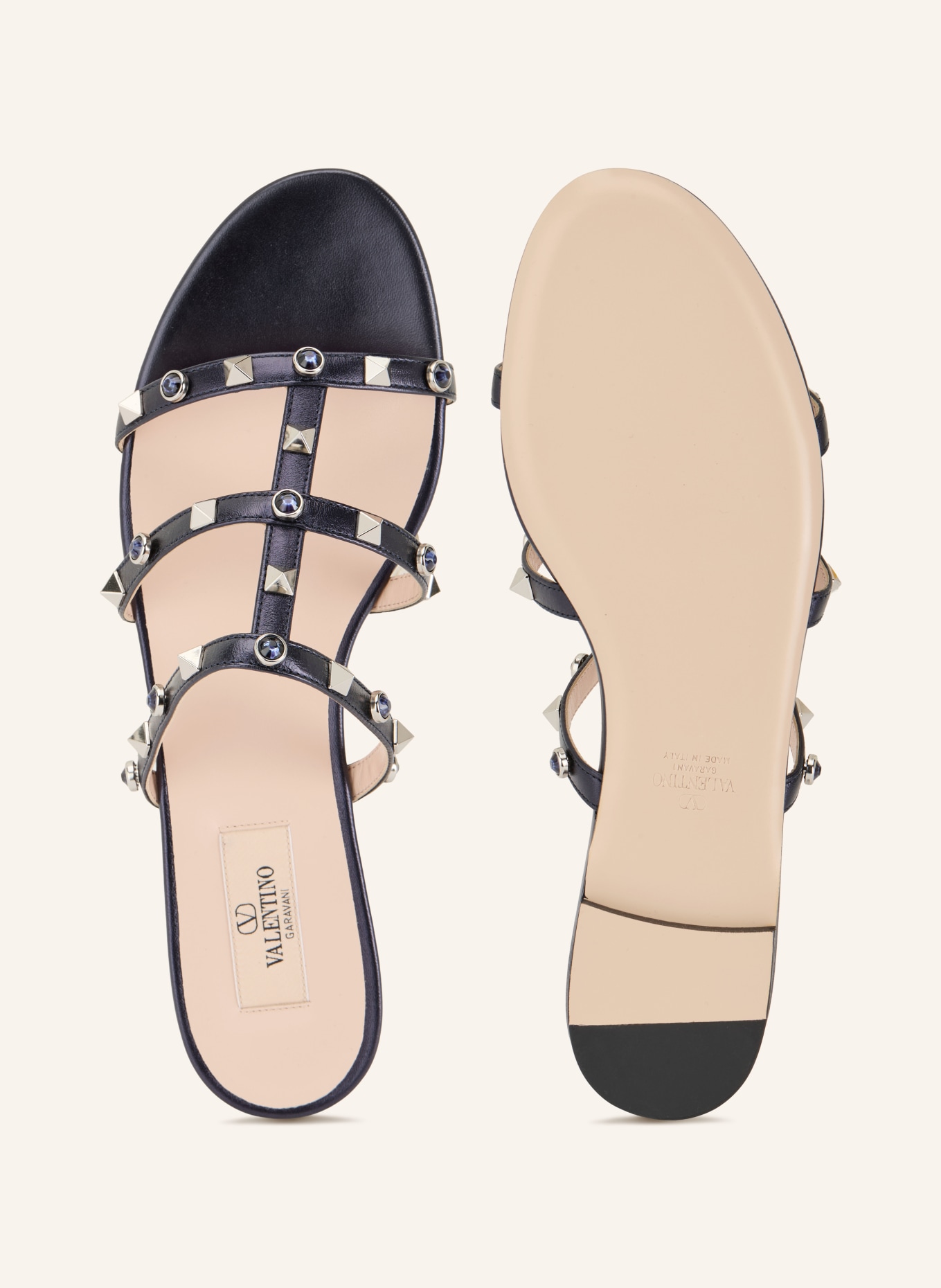 VALENTINO GARAVANI Pantoletten ROCKSTUD mit Nieten und Schmucksteinen: SCHWARZ / SILBER