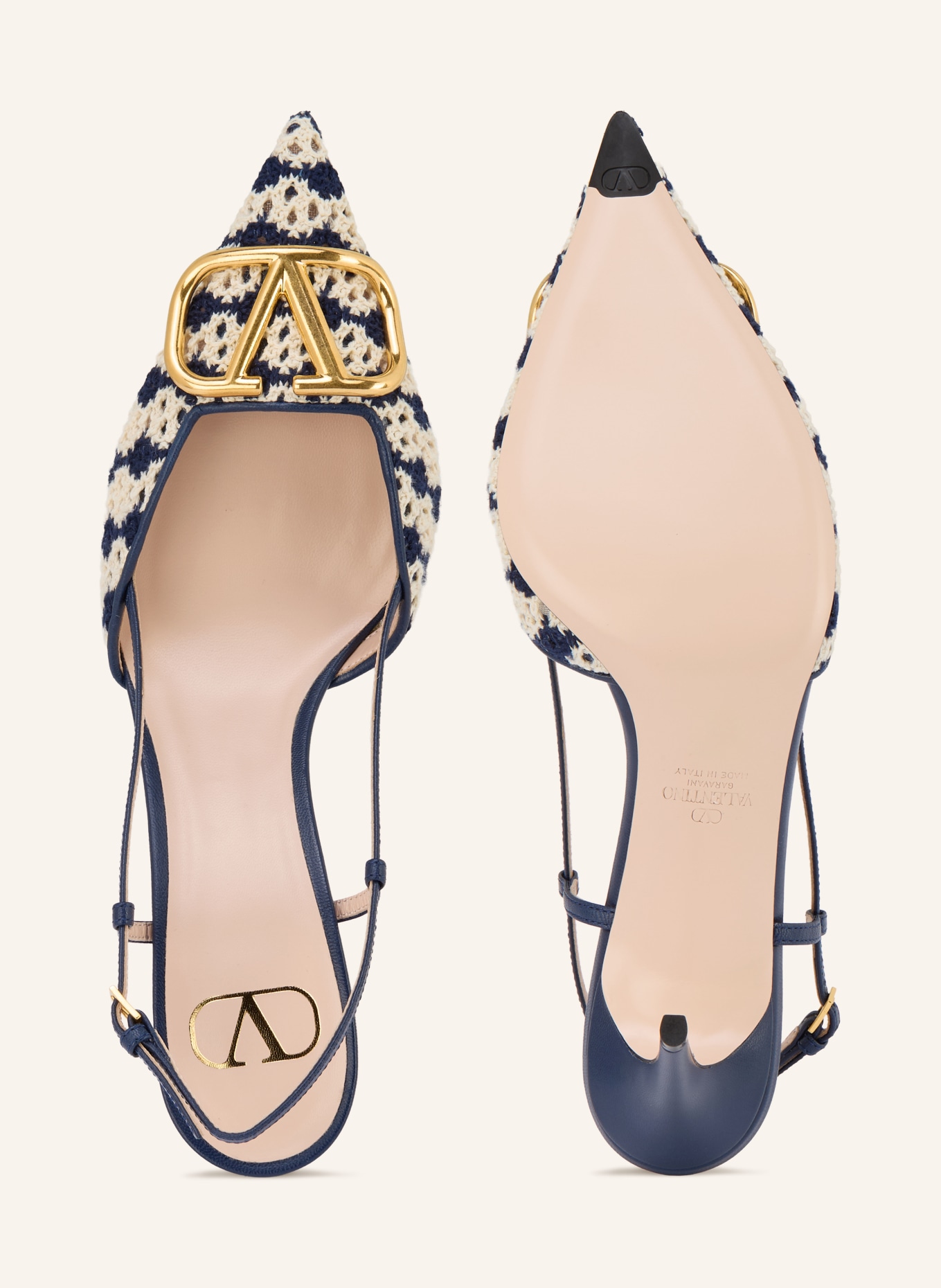 VALENTINO GARAVANI Escarpins à bride VLOGO SIGNATURE: BLEU FONCÉ / OR / CRÈME