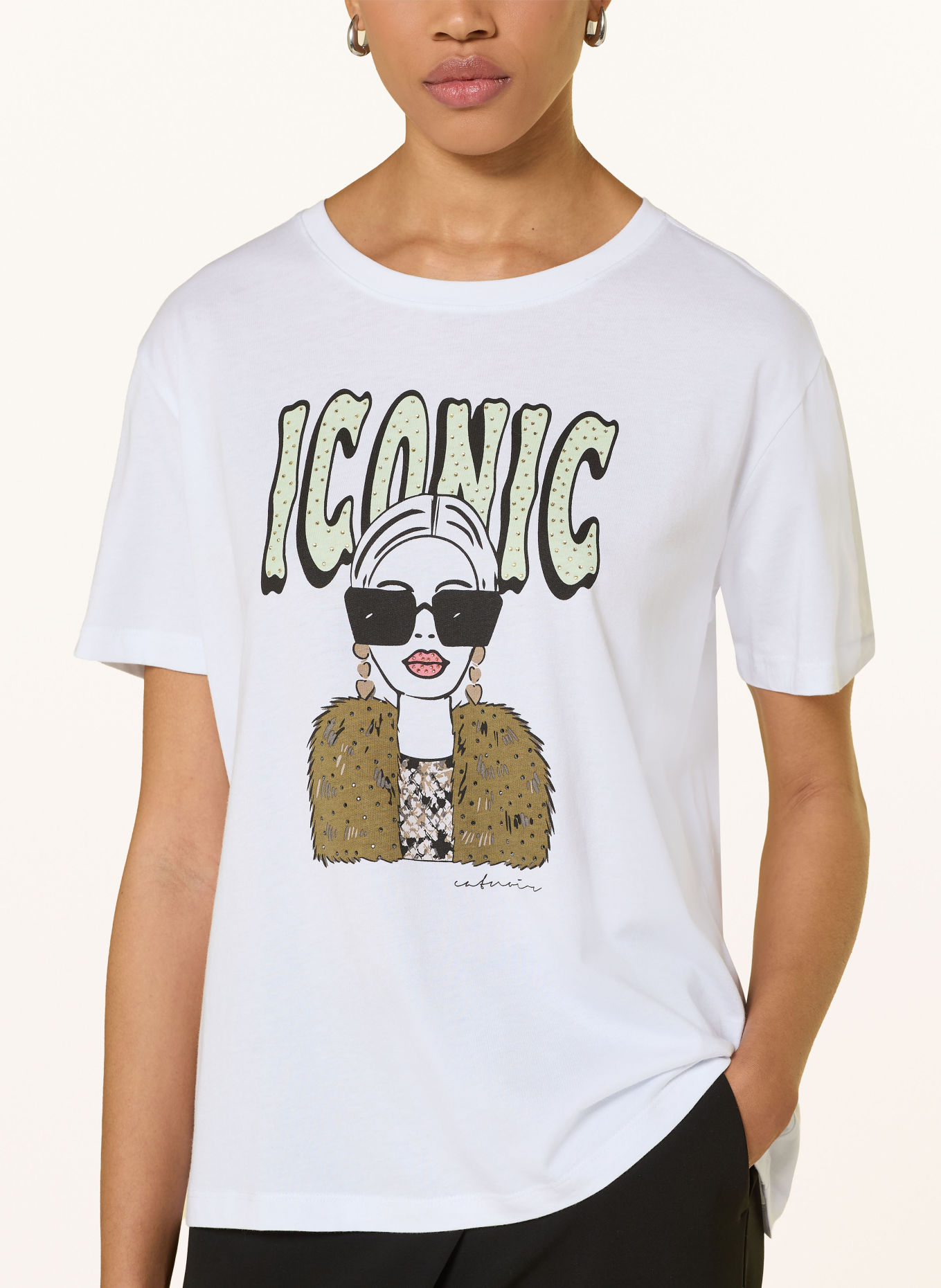 CATNOIR T-Shirt mit Schmucksteinen: WEISS / HELLGRÜN / SCHWARZ